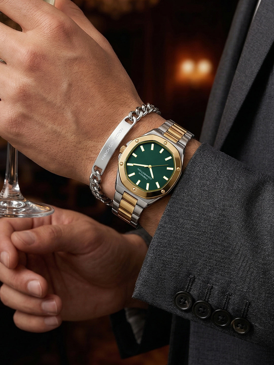 French Connection DUOLUXE Green Dial Stainless Steel Watch and Bracelet for Men - FCB22NTM