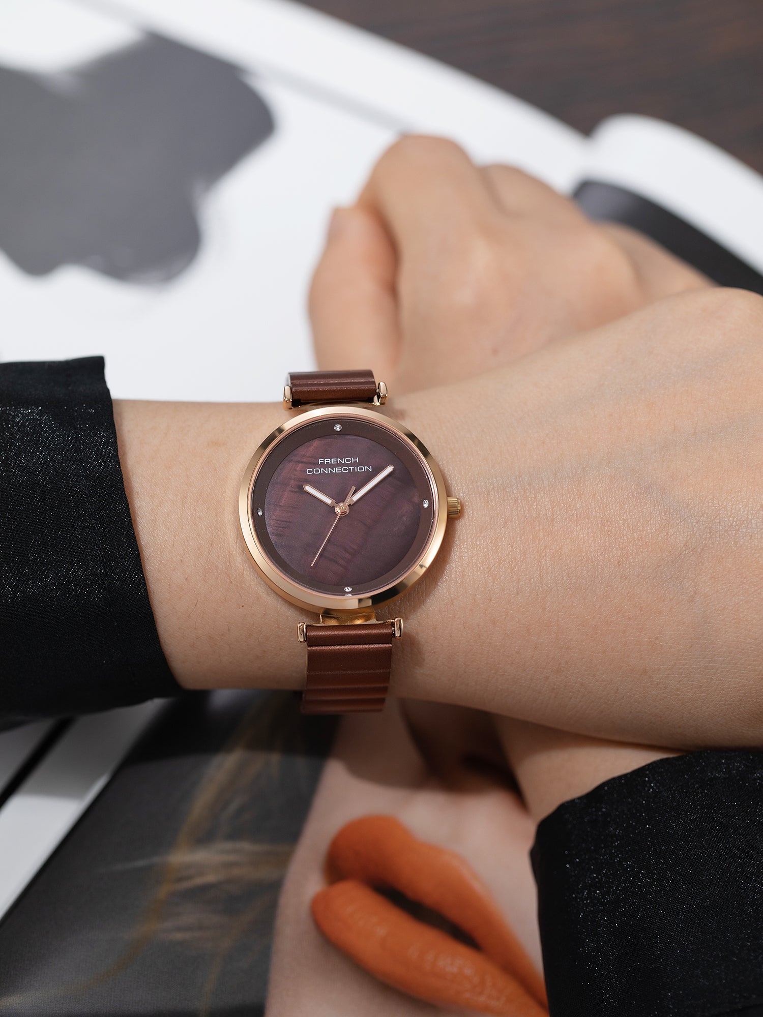 French Connection Halo Forme Brown Dial Stainless Steel Watch for Women - FCB24BRM