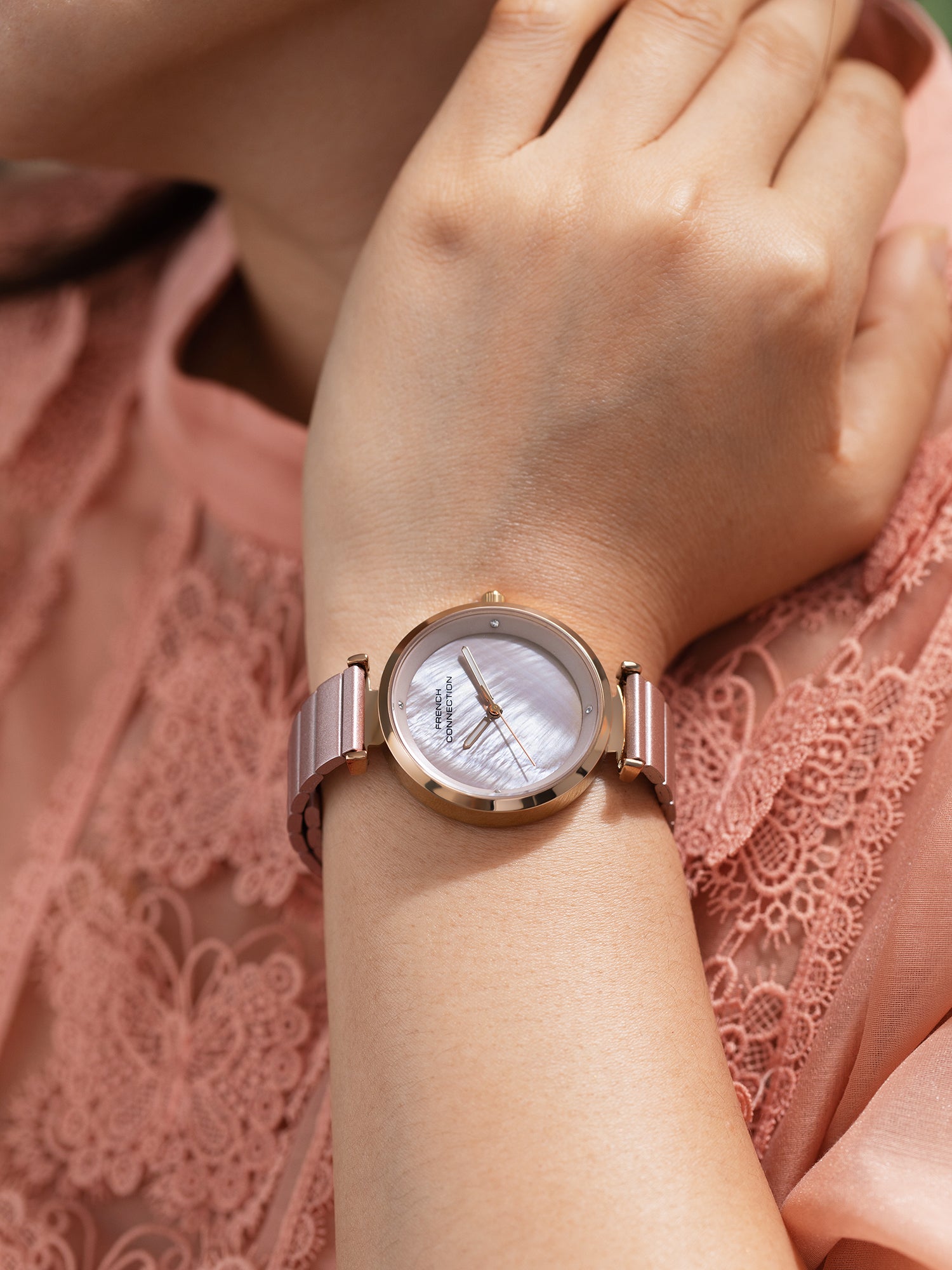 French Connection Halo Forme | Analog | Pink Dial | Stainless Steel Strap | Watch for Women - FCB24PM