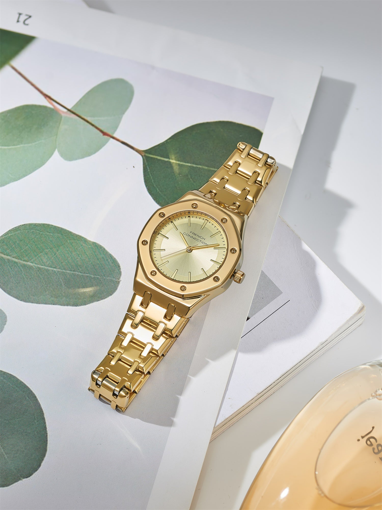 French Connection Octa Edge | Analog | Champagne Sunray Dial | Gold Stainless Steel Strap | Watch for Women - FCB25GM