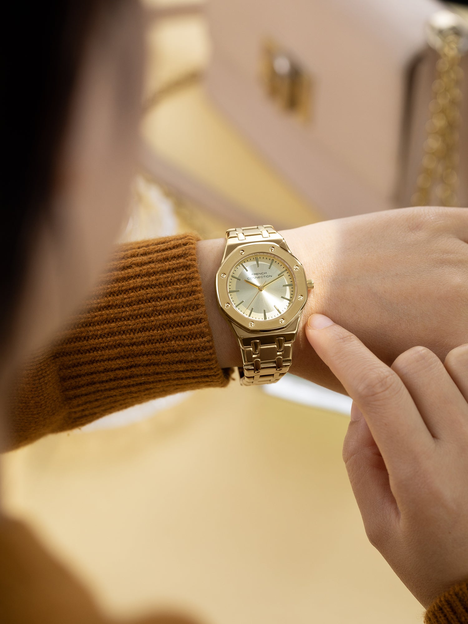 French Connection Octa Edge | Analog | Champagne Sunray Dial | Gold Stainless Steel Strap | Watch for Women - FCB25GM