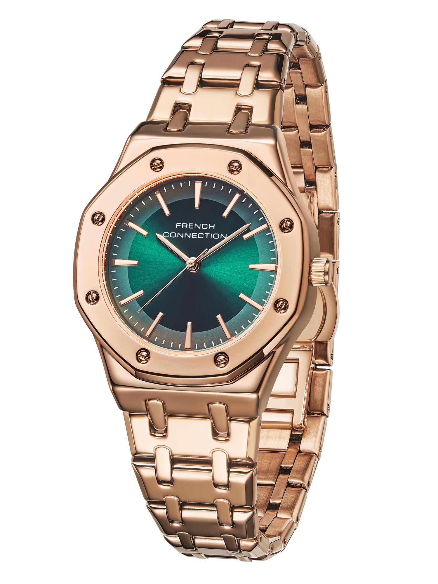 French Connection Octa Edge | Analog | Green Sunray Dial | Rose Gold Stainless Steel Strap | Watch for Women - FCB25NRGM