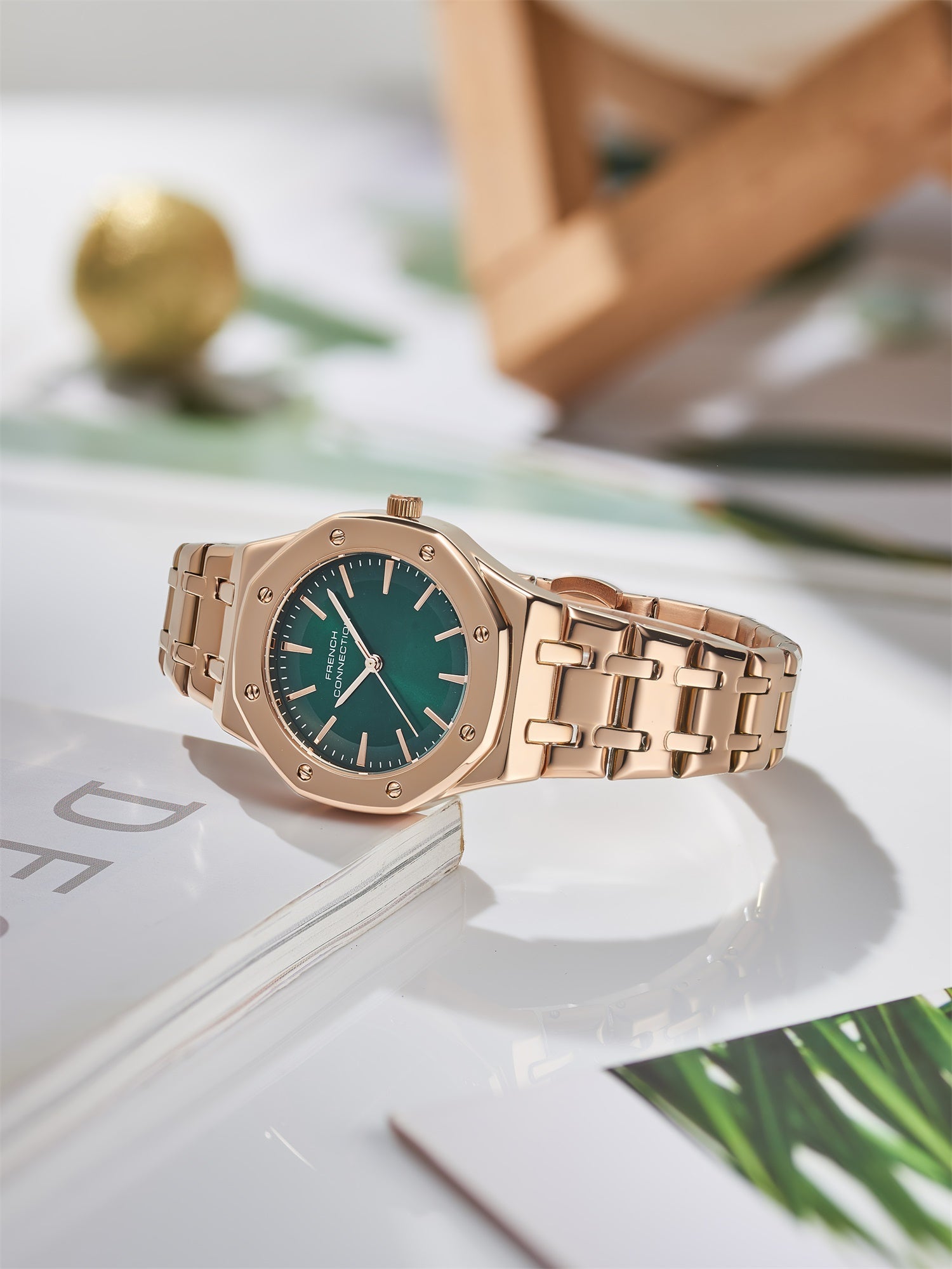 French Connection Octa Edge | Analog | Green Sunray Dial | Rose Gold Stainless Steel Strap | Watch for Women - FCB25NRGM