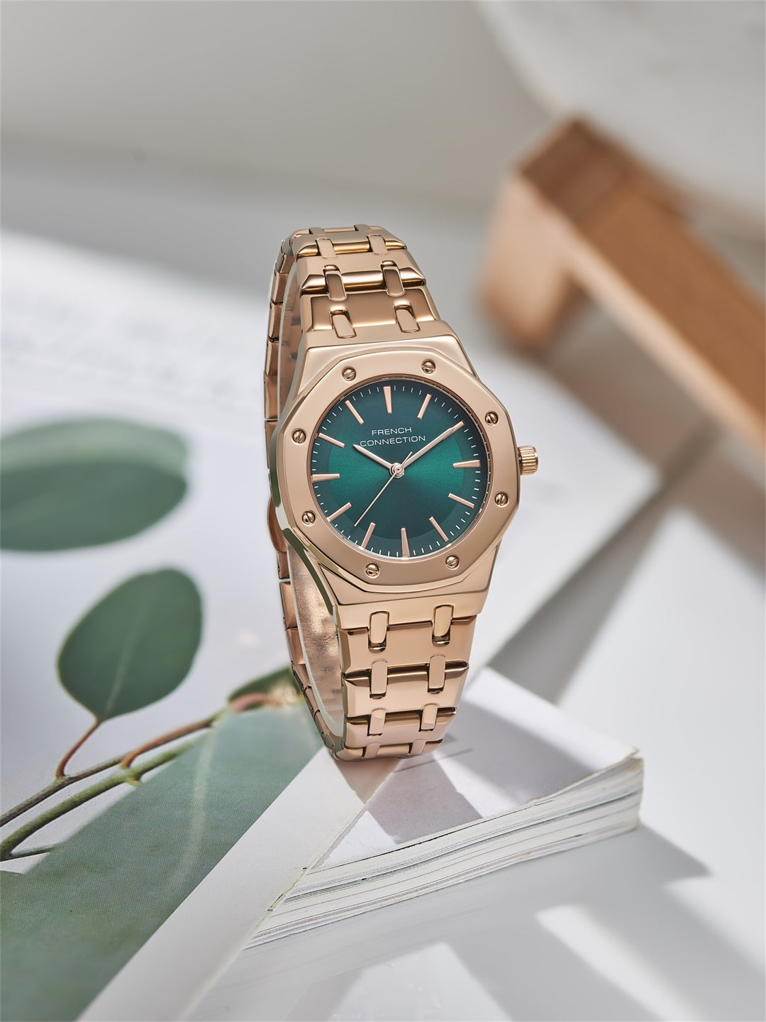 French Connection Octa Edge | Analog | Green Sunray Dial | Rose Gold Stainless Steel Strap | Watch for Women - FCB25NRGM