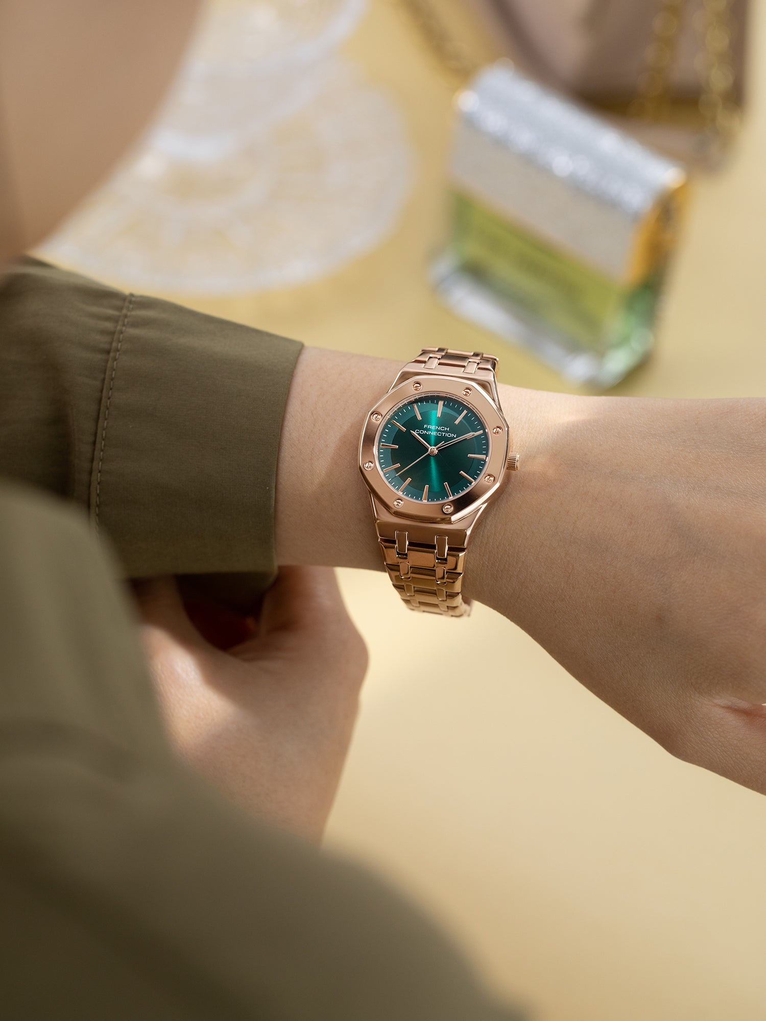 French Connection Octa Edge | Analog | Green Sunray Dial | Rose Gold Stainless Steel Strap | Watch for Women - FCB25NRGM