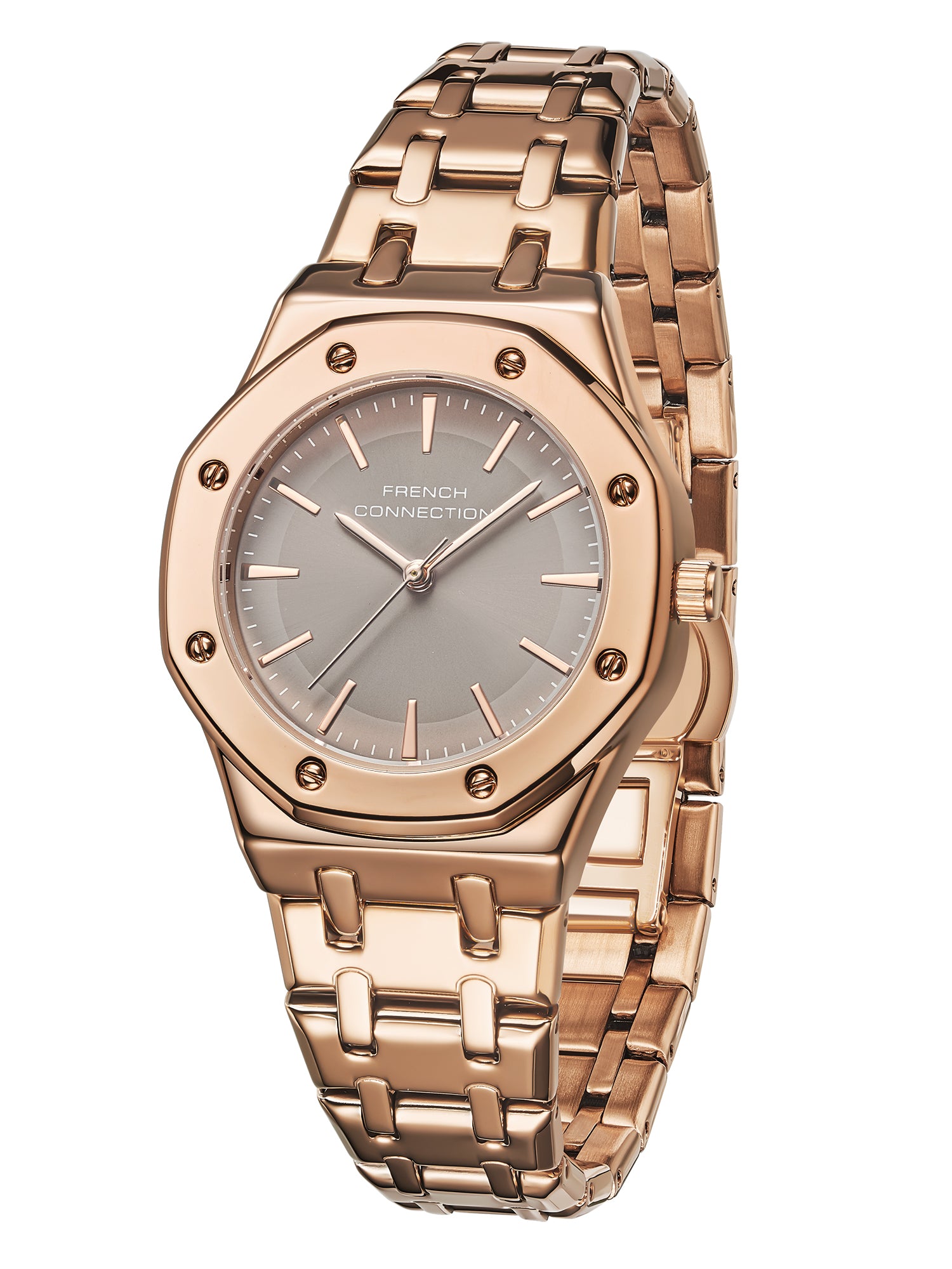 French Connection Octa Edge | Analog | Grey Sunray Dial | Rose Gold Stainless Steel Strap | Watch for Women - FCB25RGM