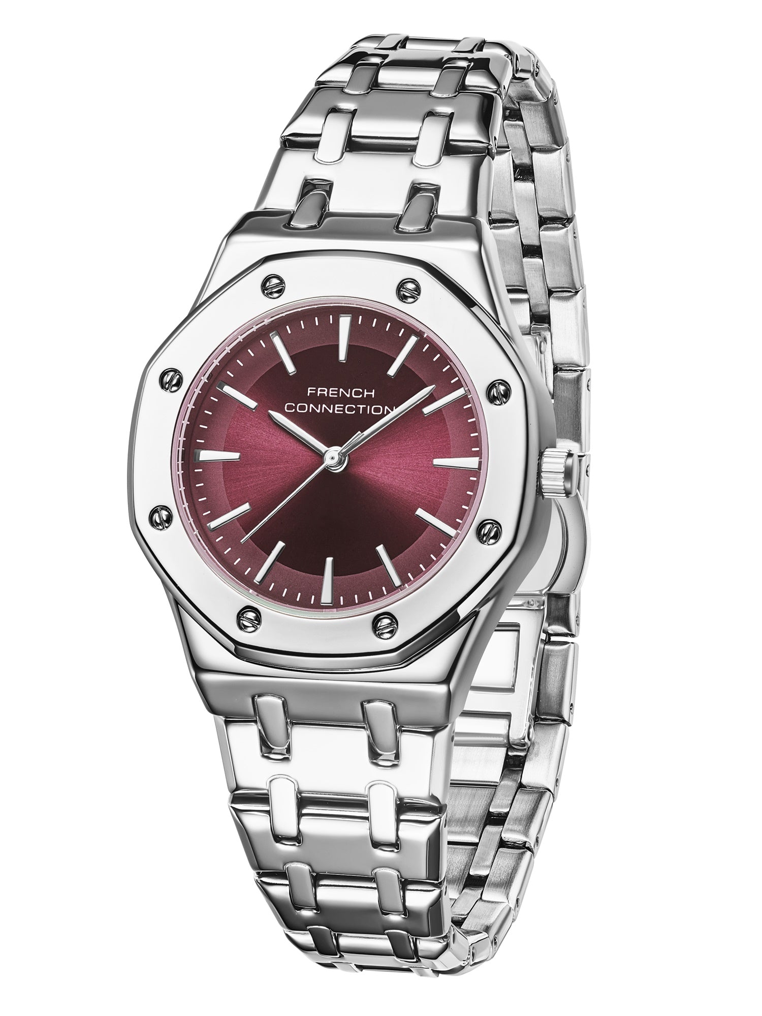 French Connection Octa Edge | Analog | Red Sunray Dial | Silver Stainless Steel Strap | Watch for Women - FCB25SM