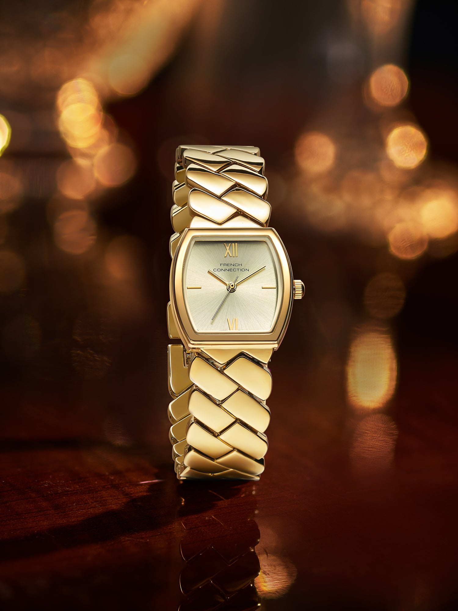 French Connection Braidé | Analog | Gold Sunray Dial | Woven Link Strap | Watch for Women - FCB27GM