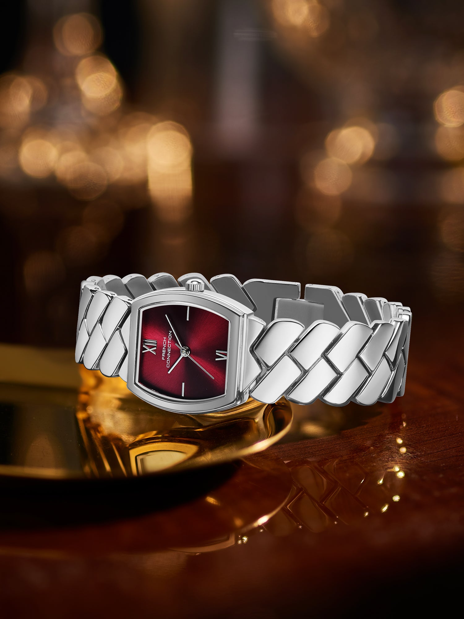 French Connection Braidé | Analog | Red Sunray Dial | Woven Link Strap | Watch for Women - FCB27MSM