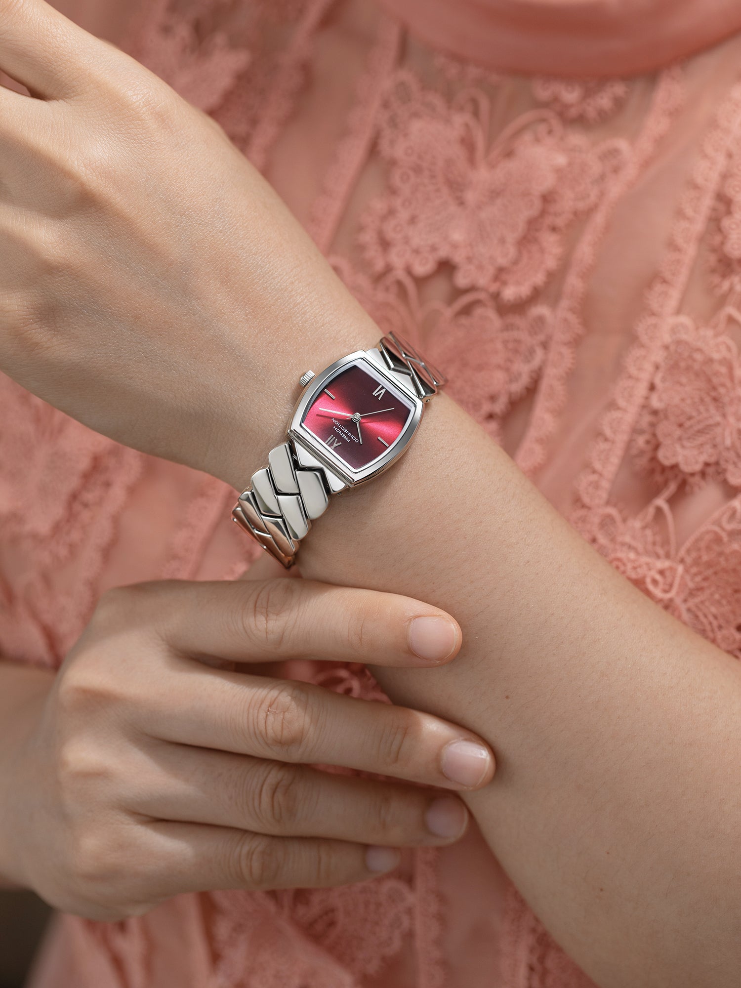 French Connection Braidé | Analog | Red Sunray Dial | Woven Link Strap | Watch for Women - FCB27MSM