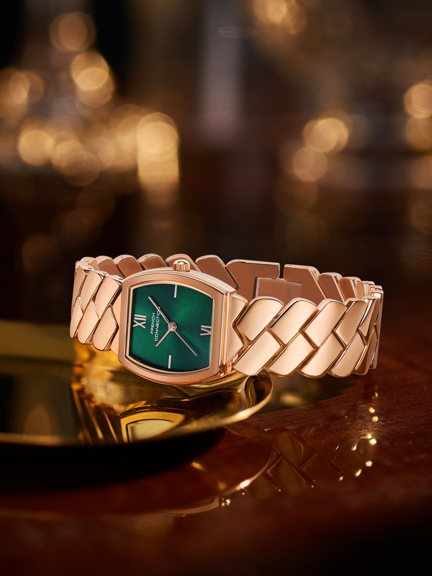 French Connection Braidé | Analog | Green Sunray Dial | Woven Link Strap | Watch for Women - FCB27NRGM