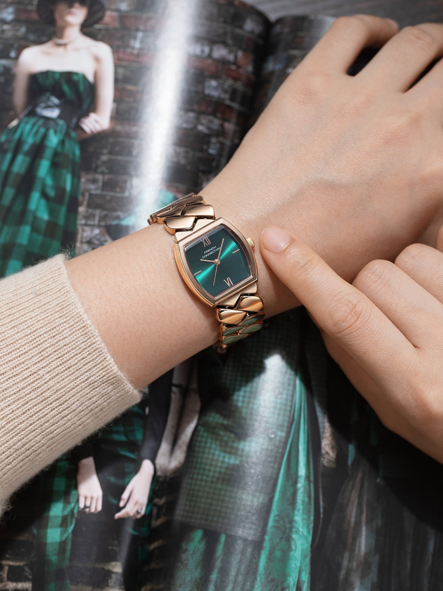 French Connection Braidé | Analog | Green Sunray Dial | Woven Link Strap | Watch for Women - FCB27NRGM