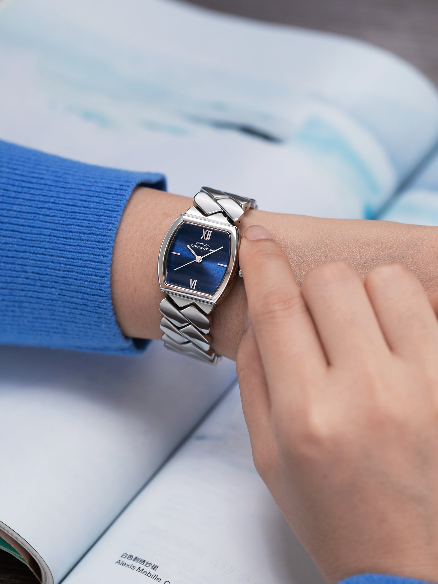 French Connection Braidé | Analog | Blue Sunray Dial | Woven Link Strap | Watch for Women - FCB27USM