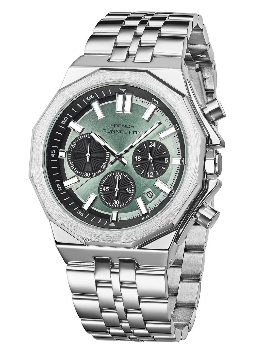French Connection Crownex | Quartz Chronograph | Green Sunray Dial | Stainless Steel Strap | Watch for Men - FCB28NSM