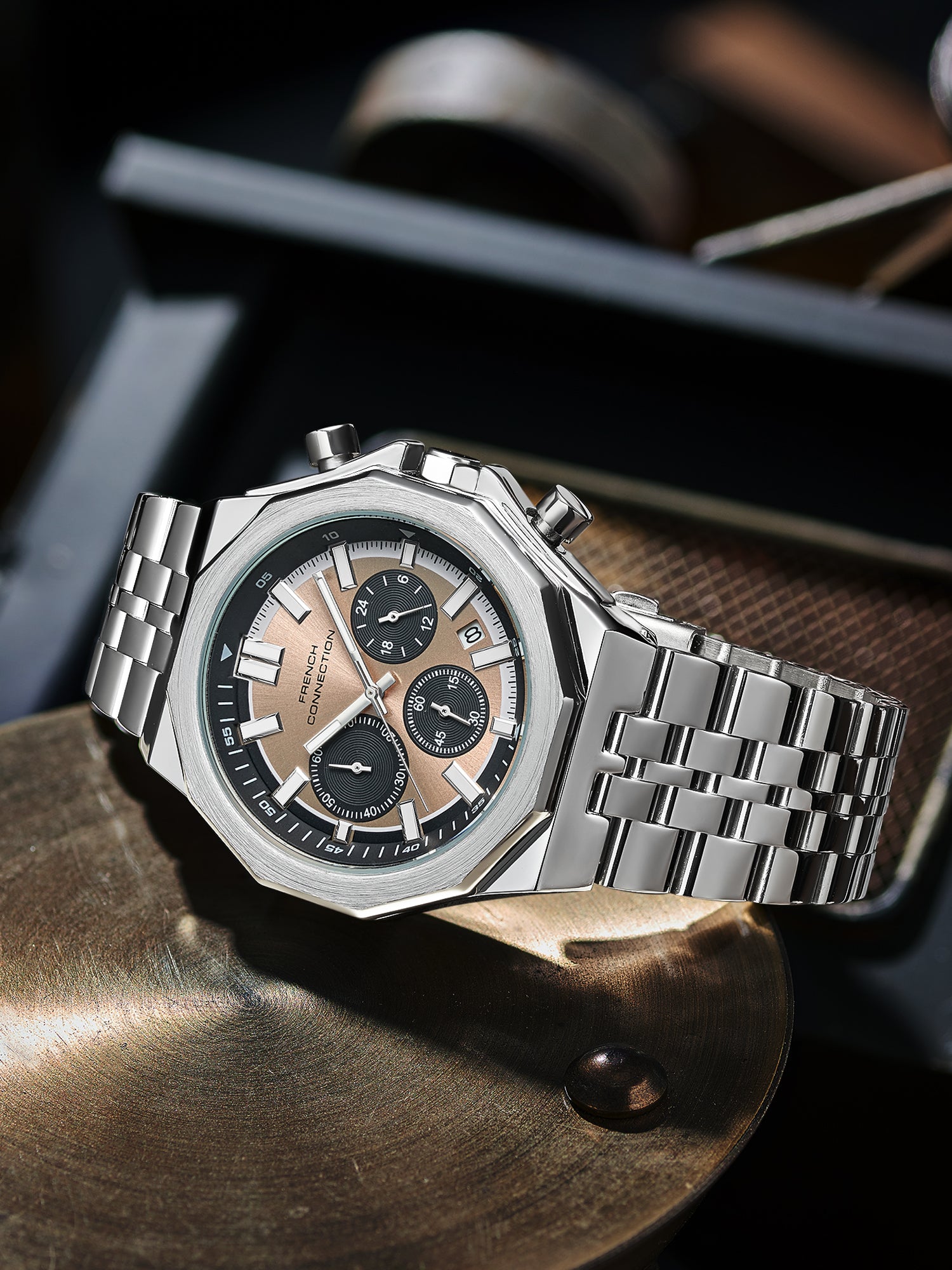 French Connection Crownex | Quartz Chronograph | Beige Sunray Dial | Stainless Steel Strap | Watch for Men - FCB28SM-R