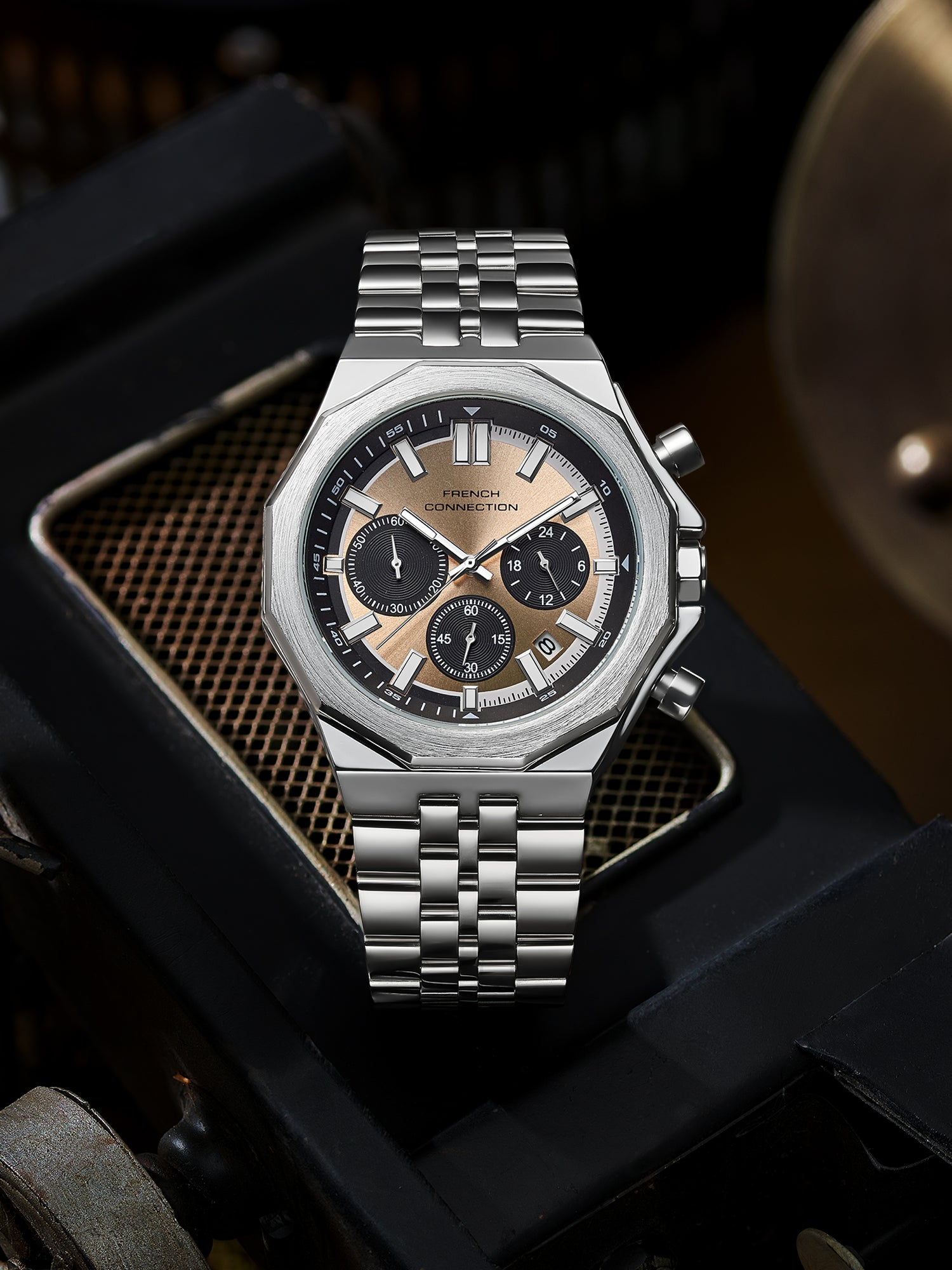 French Connection Crownex | Quartz Chronograph | Beige Sunray Dial | Stainless Steel Strap | Watch for Men - FCB28SM-R