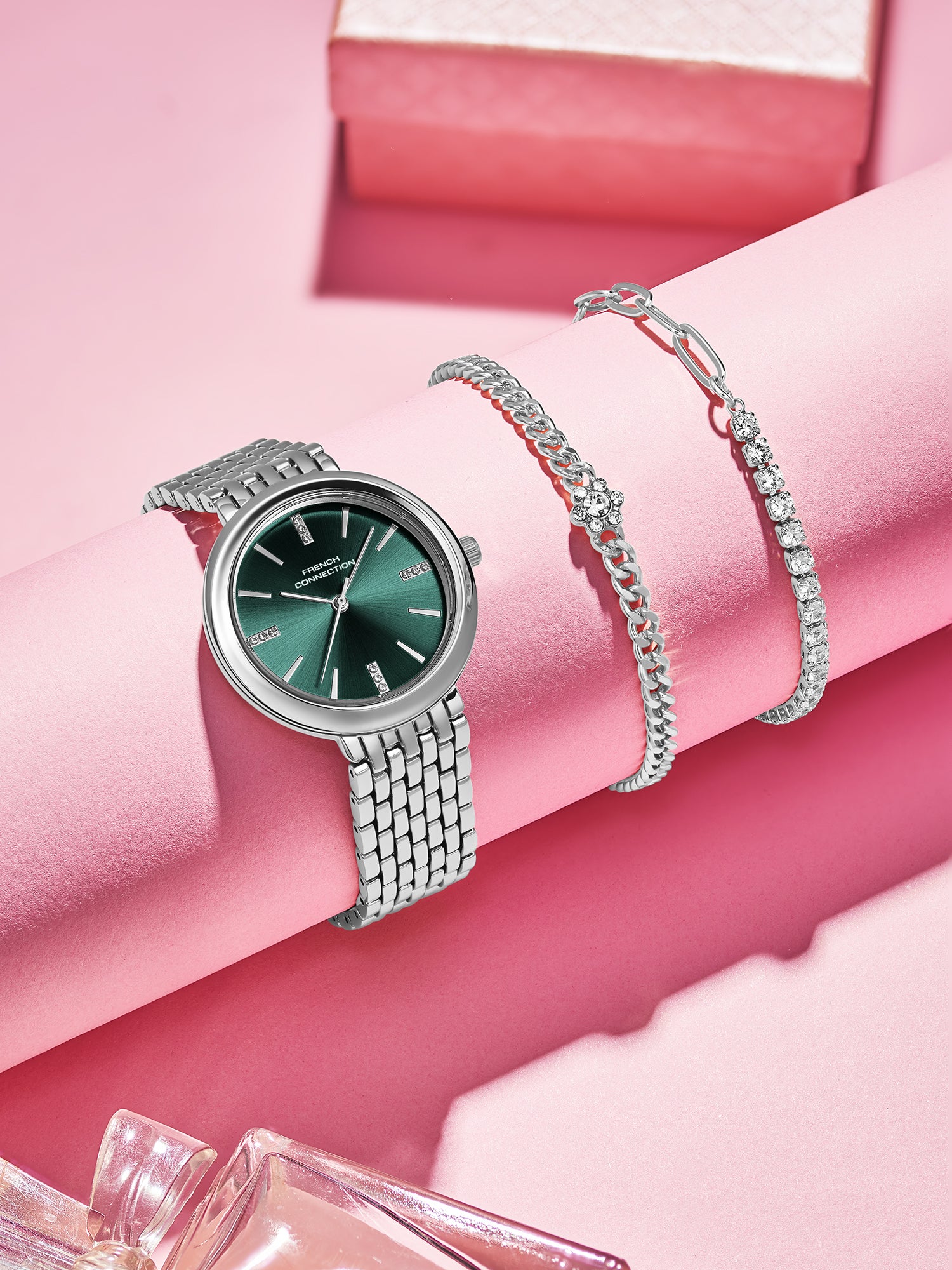 French Connection Green Dial with Silver Strap Womens Analog Watch | FCB29NSM