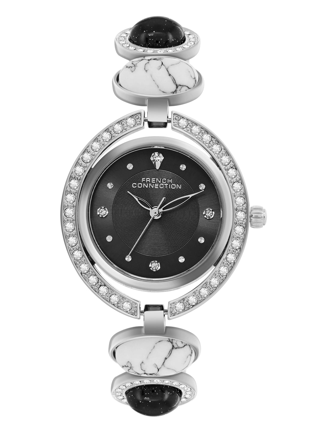 French Connection Sunray Black Round Dial With Stone Strap Watch - For Womens FCD1BSM