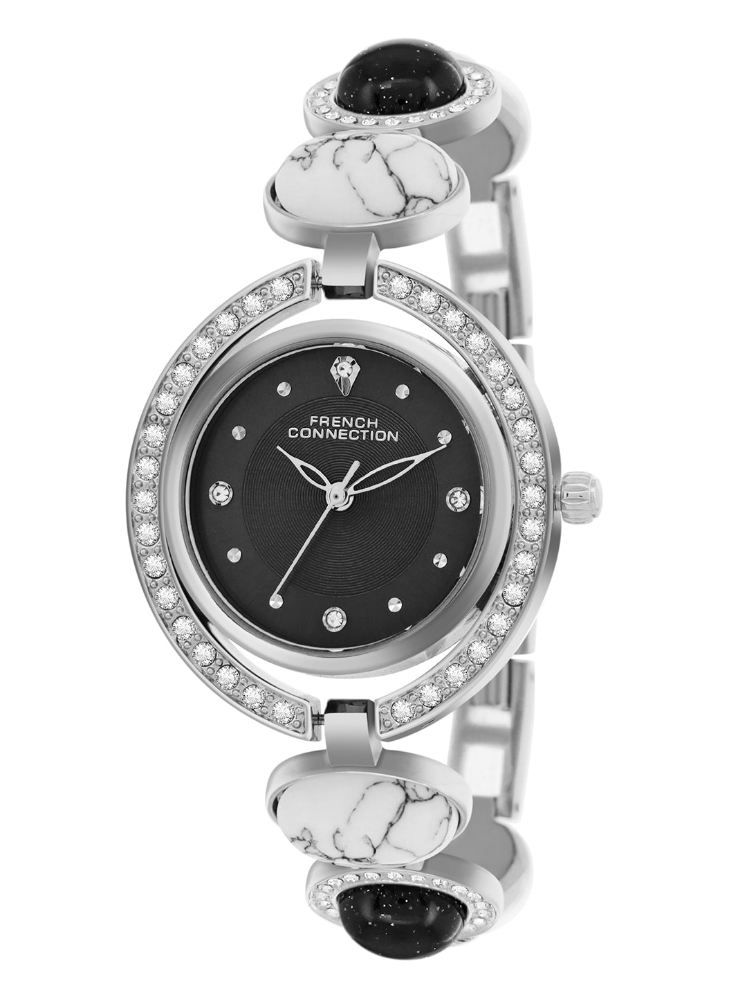 French Connection Sunray Black Round Dial With Stone Strap Watch - For Womens FCD1BSM