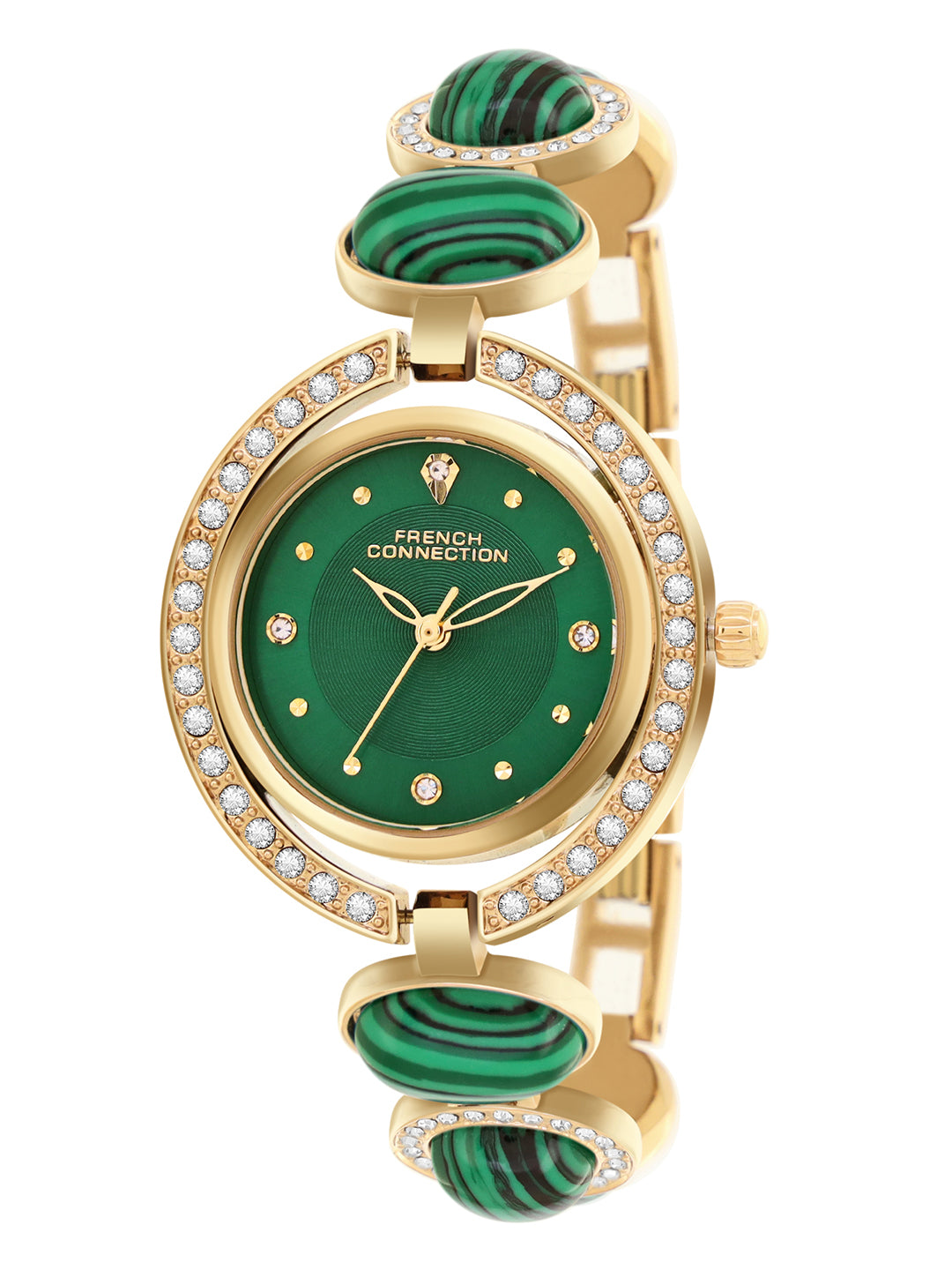 French Connection Sunray Green Round Dial With Stone Strap Watch - For Womens FCD1NGM