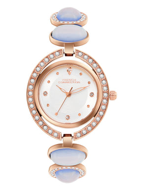 French Connection Sunray Silver Round Dial With Stone Strap Watch - For Womens FCD1SRGM