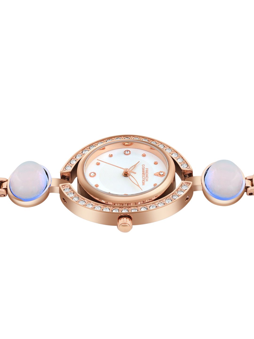 French Connection Sunray Silver Round Dial With Stone Strap Watch - For Womens FCD1SRGM