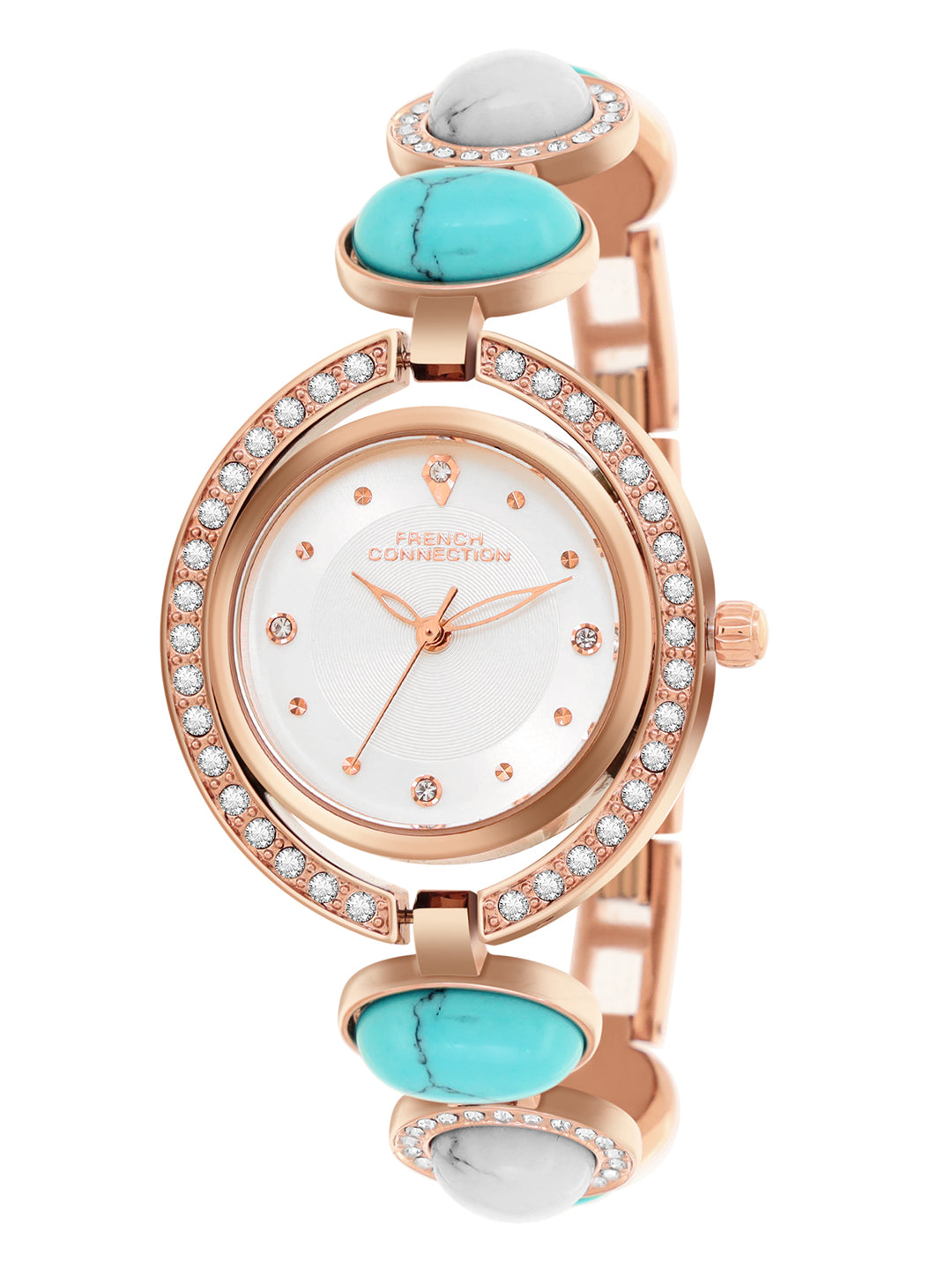 French Connection Sunray Silver Round Dial With Stone Strap Watch - For Womens FCD1URGM