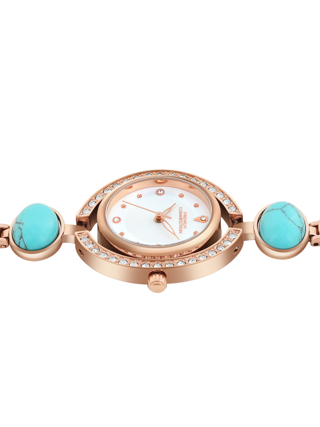 French Connection Sunray Silver Round Dial With Stone Strap Watch - For Womens FCD1URGM