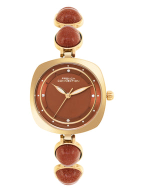 French Connection Sunray Brown Round Dial With Stone Strap Watch - For Womens FCD2BGM