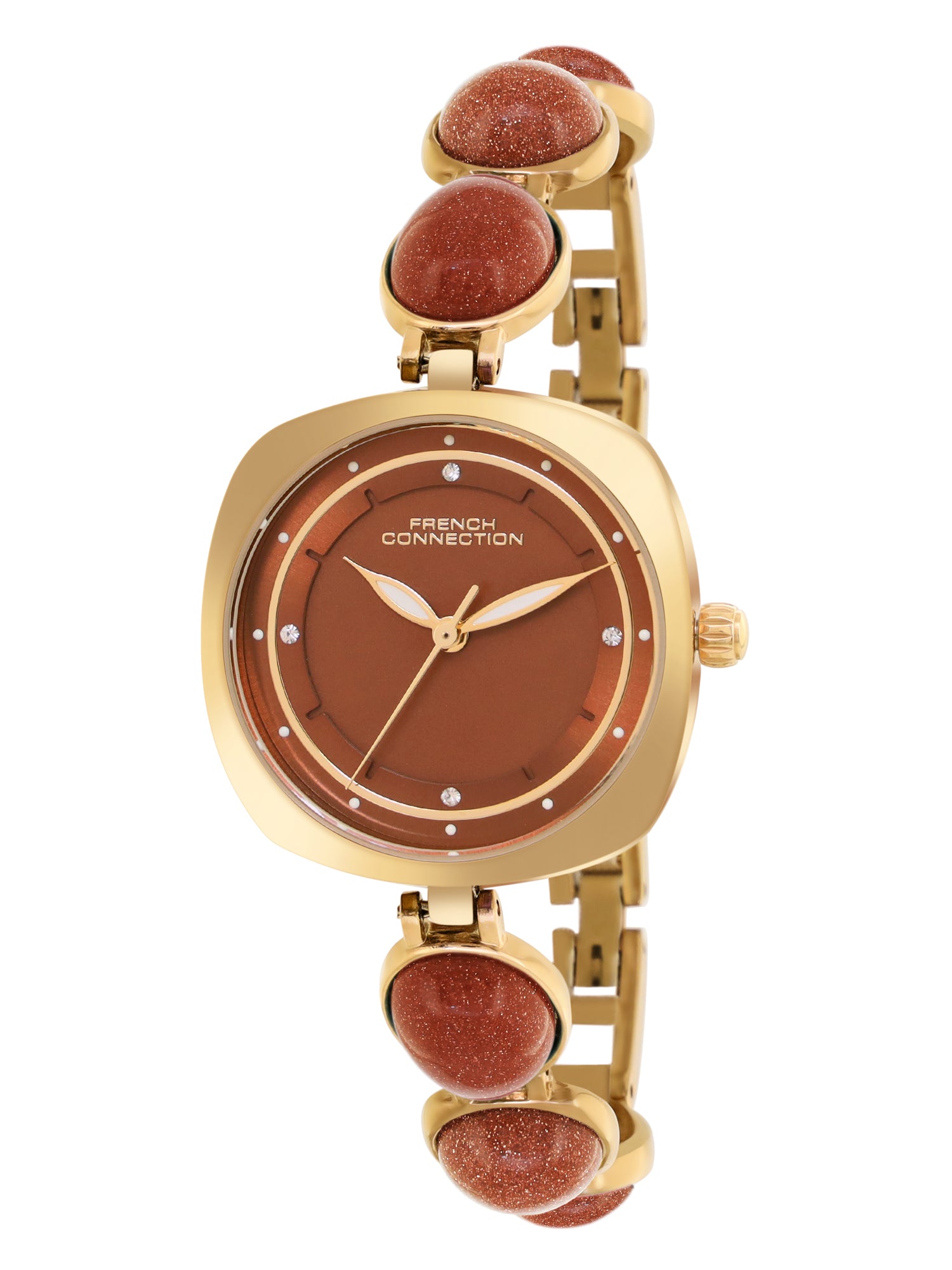French Connection Sunray Brown Round Dial With Stone Strap Watch - For Womens FCD2BGM