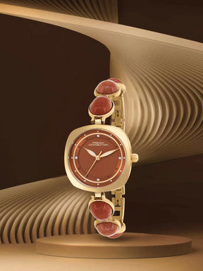 French Connection Sunray Brown Round Dial With Stone Strap Watch - For Womens FCD2BGM