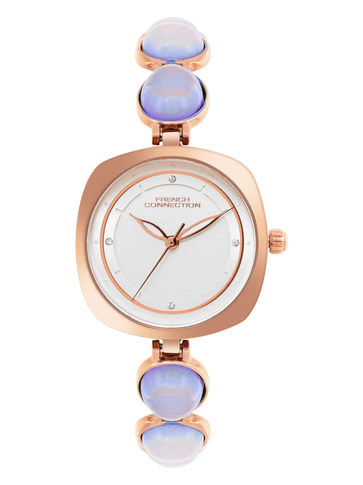 French Connection Sunray Silver Round Dial With Stone Strap Watch - For Womens FCD2RGM