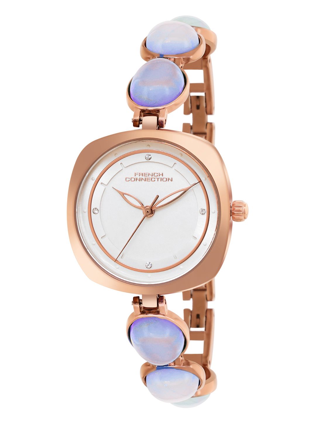 French Connection Sunray Silver Round Dial With Stone Strap Watch - For Womens FCD2RGM