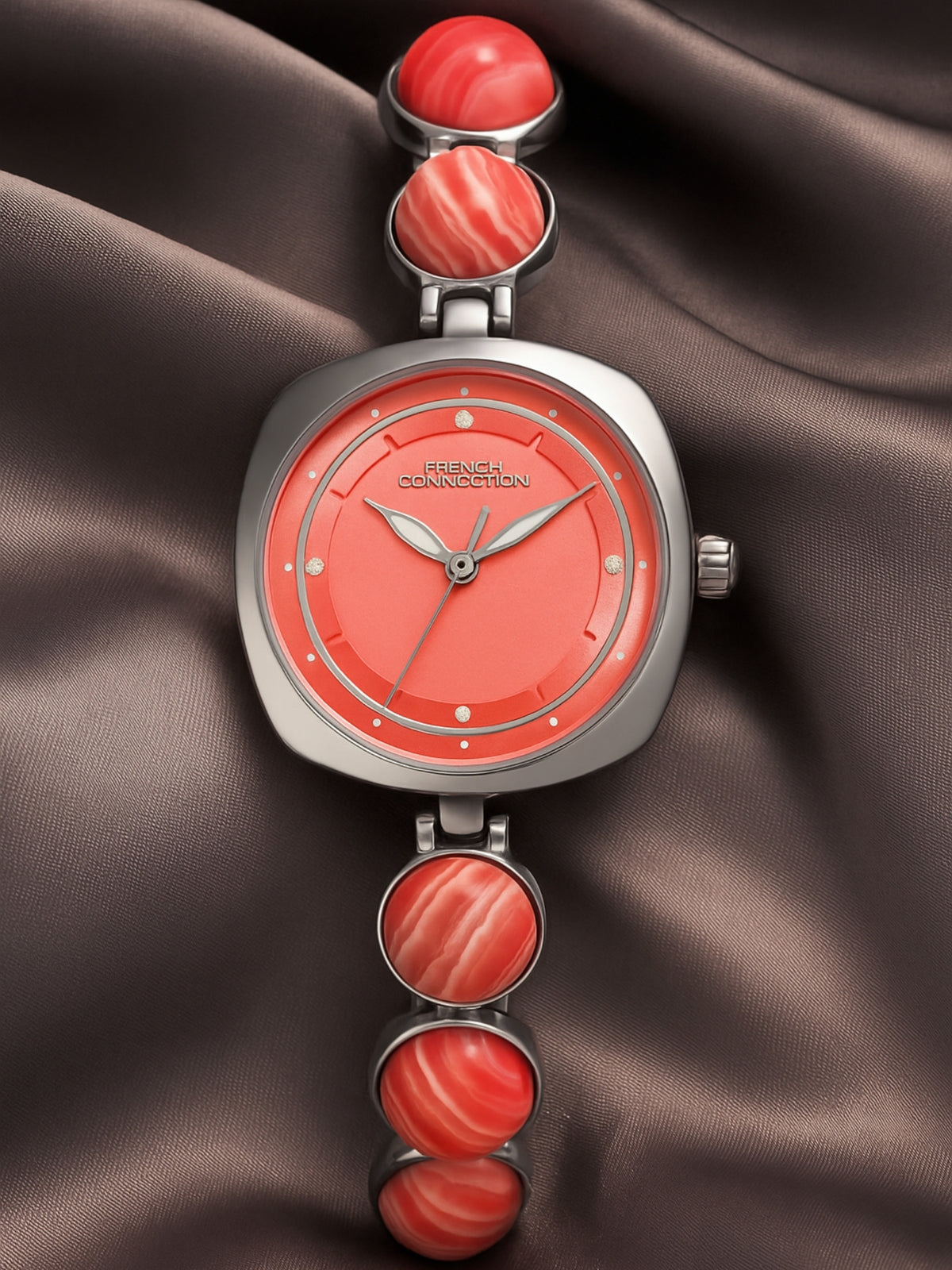 French Connection Sunray Pink Round Dial With Stone Strap Watch - For Womens FCD2SM