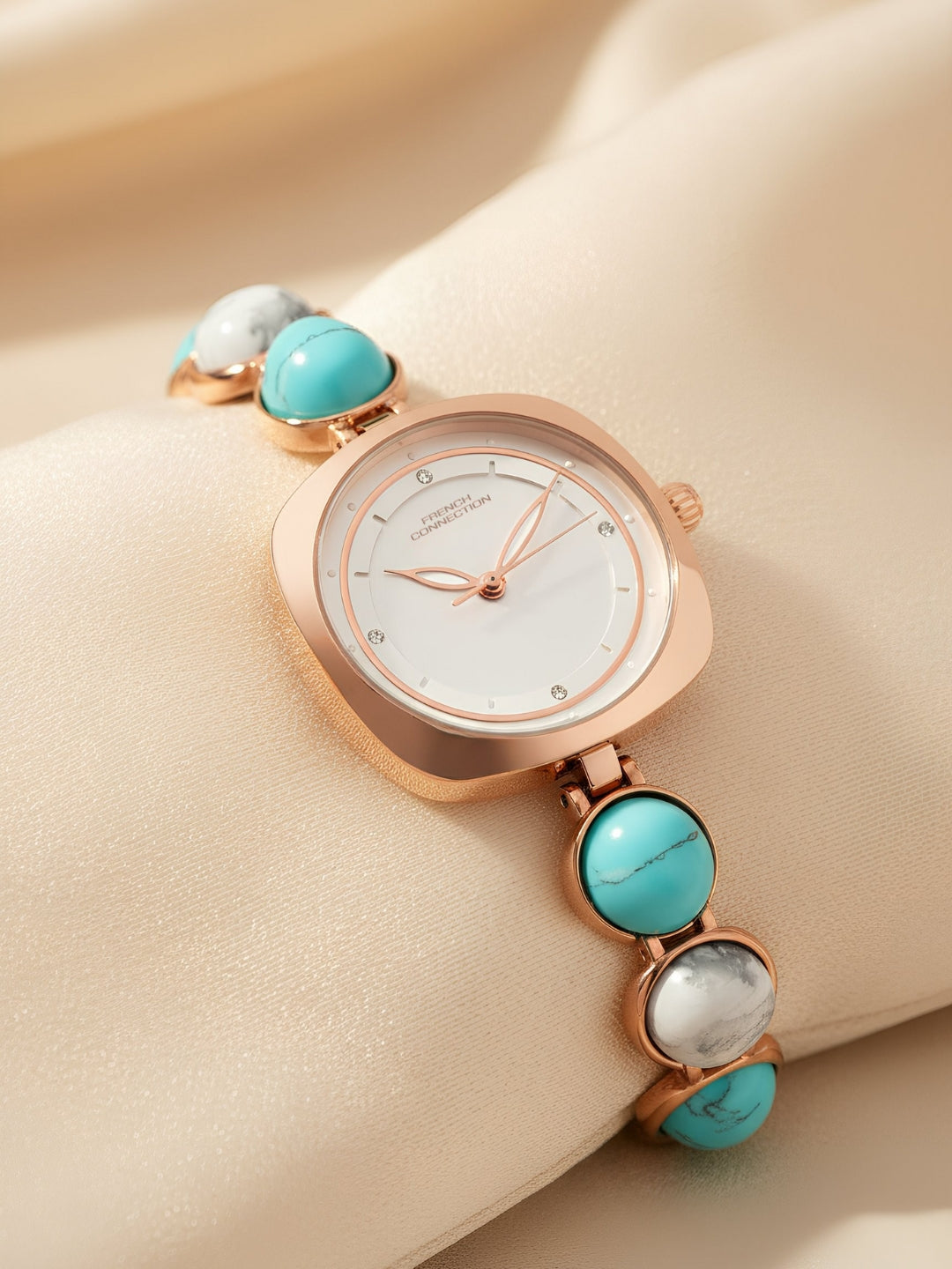 French Connection Sunray Silver Round Dial With Stone Strap Watch - For Womens FCD2URGM