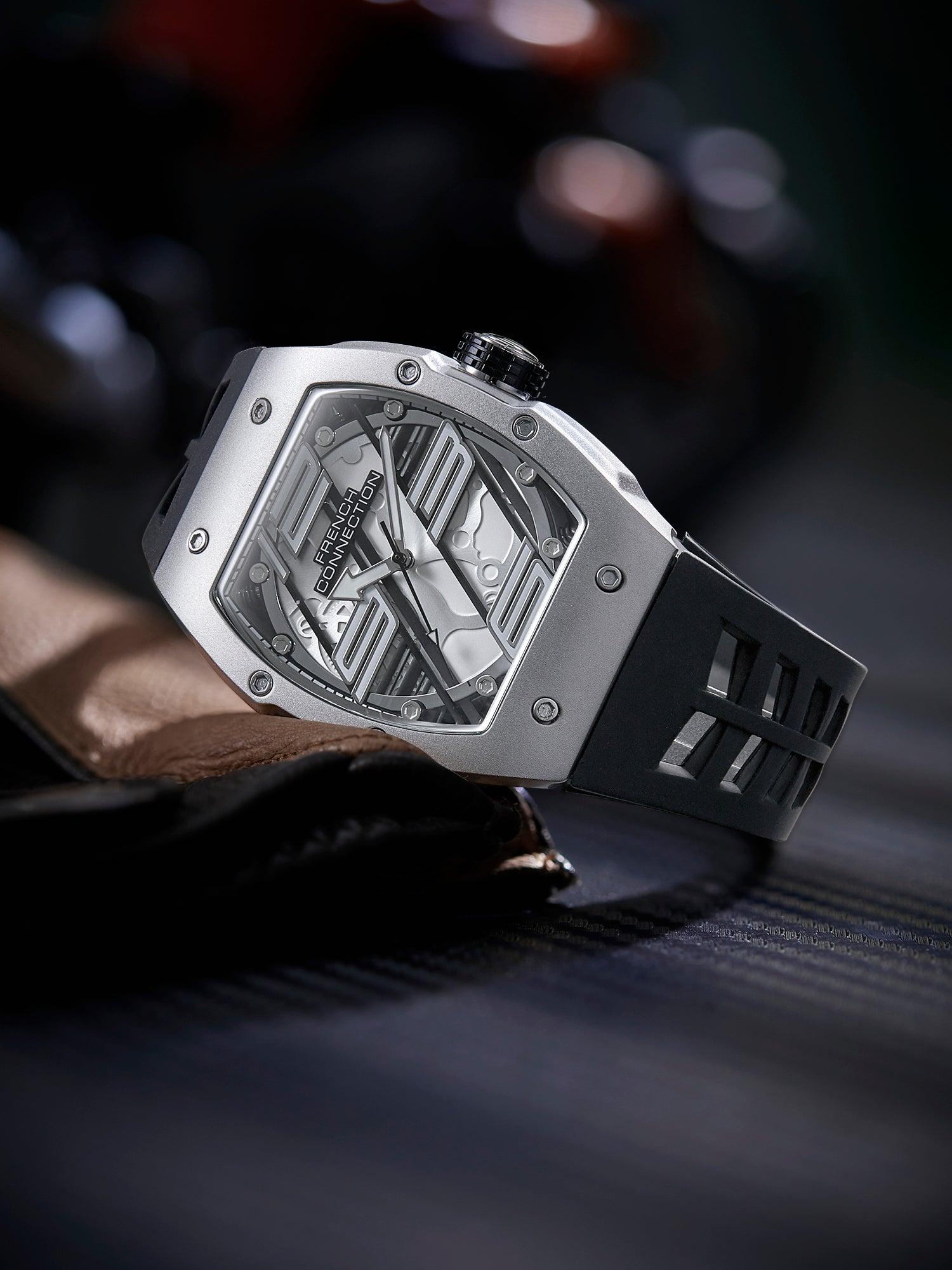 French Connection Axiom | Tonneau Case | Black Dial | Black Silicone Strap | Watch for Men - FCD4B