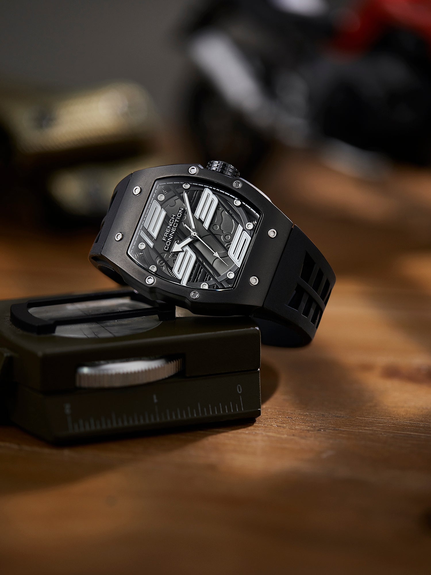 French Connection Axiom | Tonneau Case | Black Dial | Black Silicone Strap | Watch for Men - FCD4BB