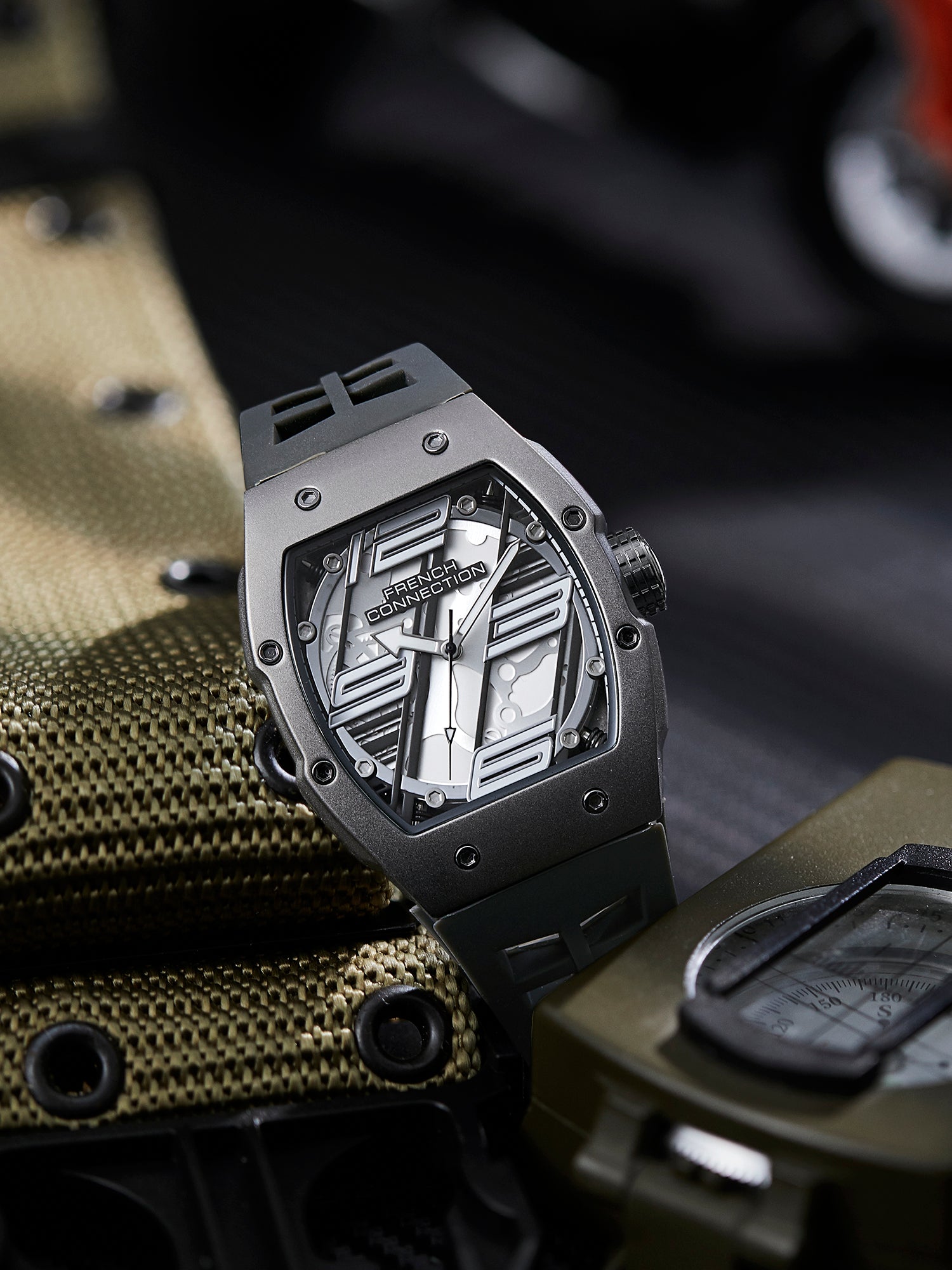 French Connection Axiom | Tonneau Case | Grey Dial | Grey Silicone Strap | Watch for Men - FCD4G