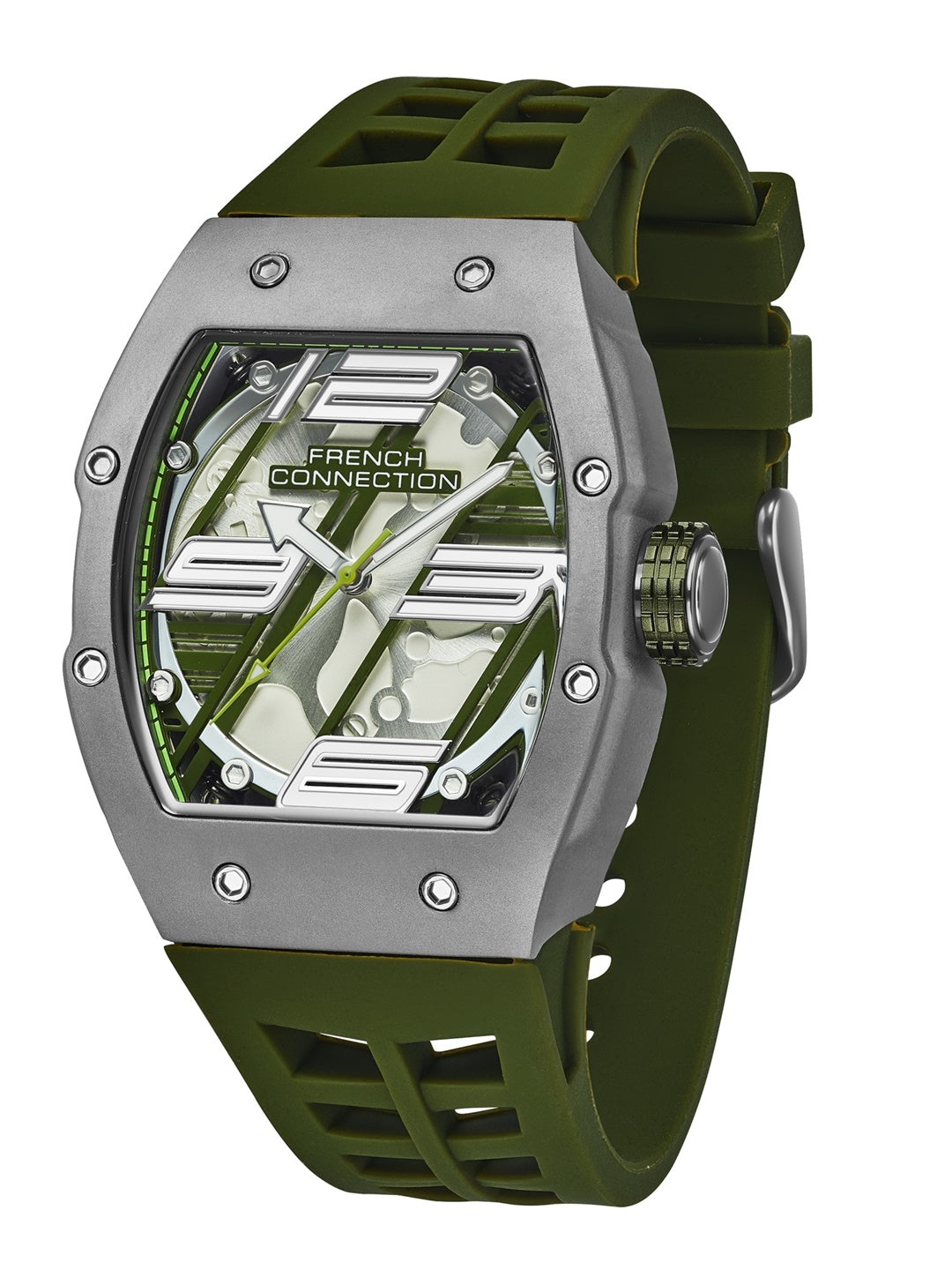 French Connection Axiom | Tonneau Case | Green Dial | Olive Green Silicone Strap | Watch for Men - FCD4N