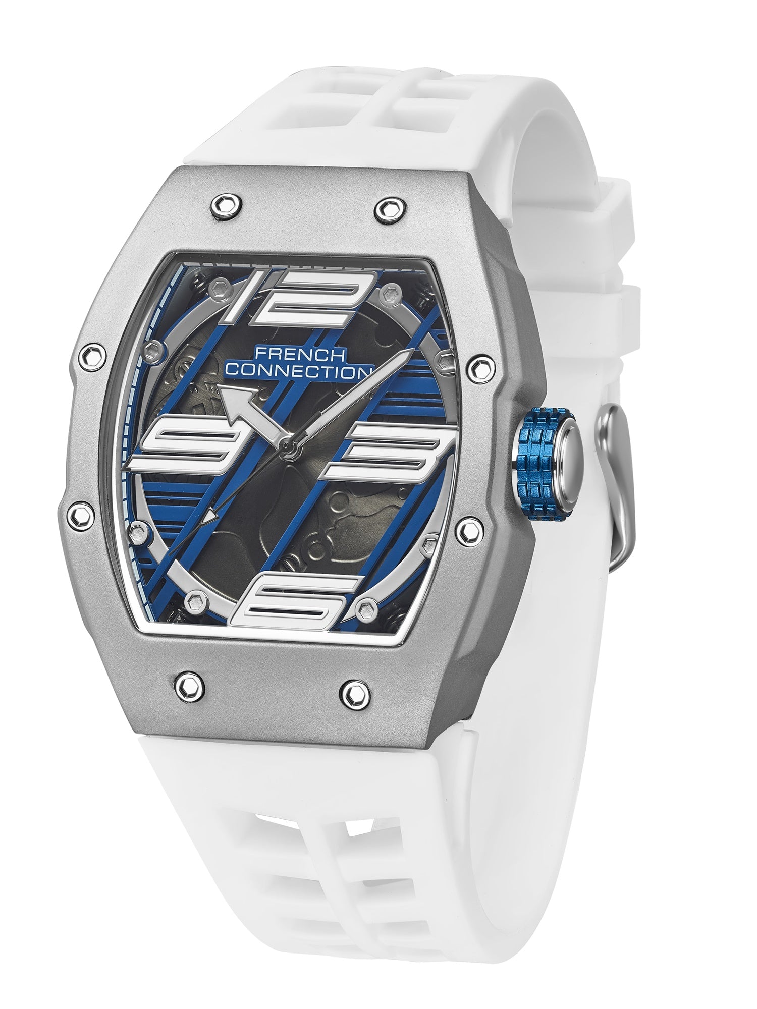 French Connection Axiom | Tonneau Case | Blue Dial | White Silicone Strap | Watch for Men - FCD4W