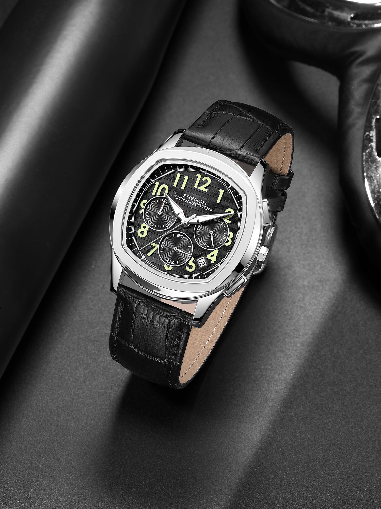 French Connection Megachron | Black Dial | Chronograph | Black Leather Strap | Watch for Men - FCD5BL