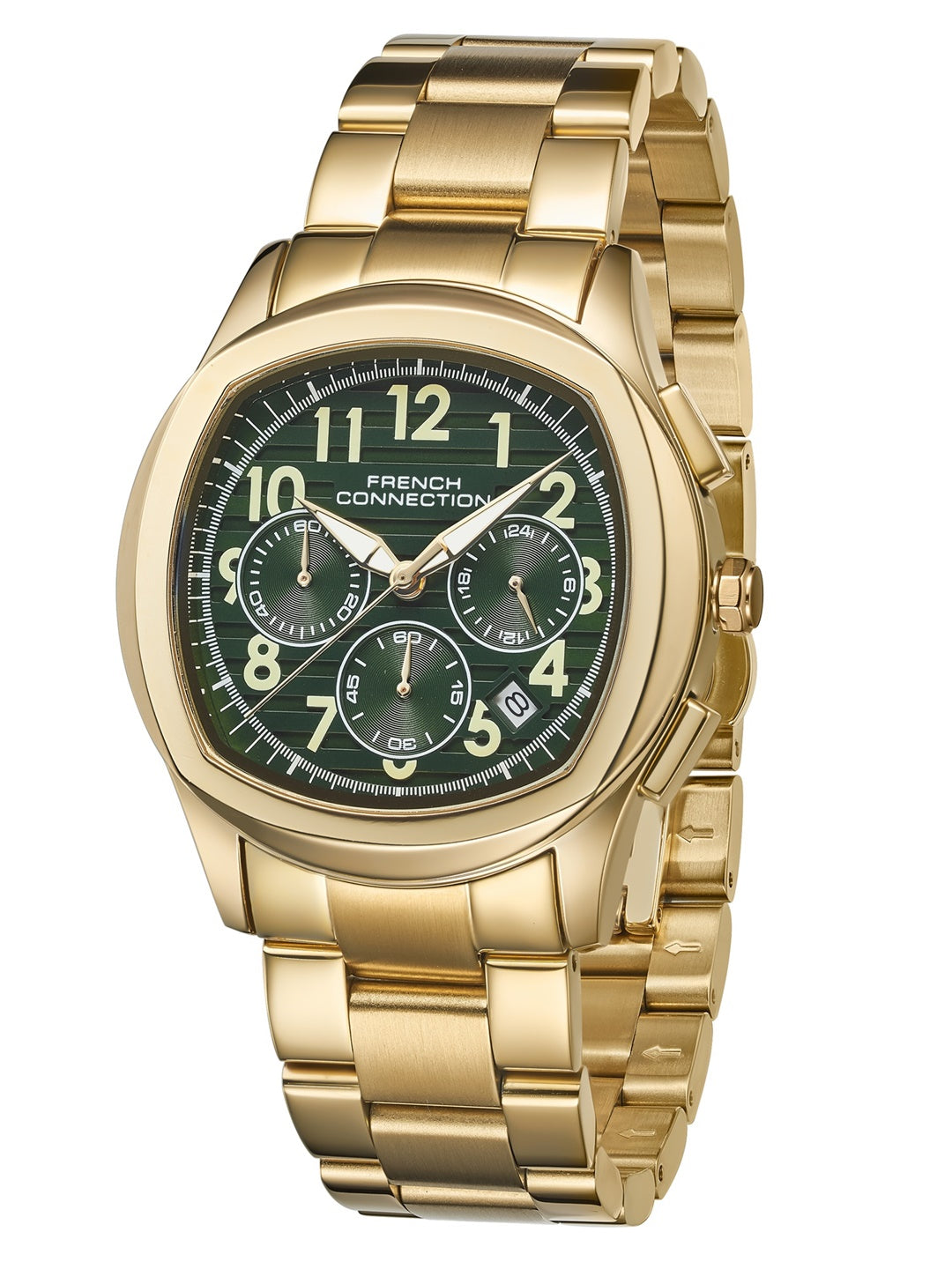 French Connection Megachron | Olive Green Dial | Gold Stainless Steel Strap | Watch for Men - FCD5GM
