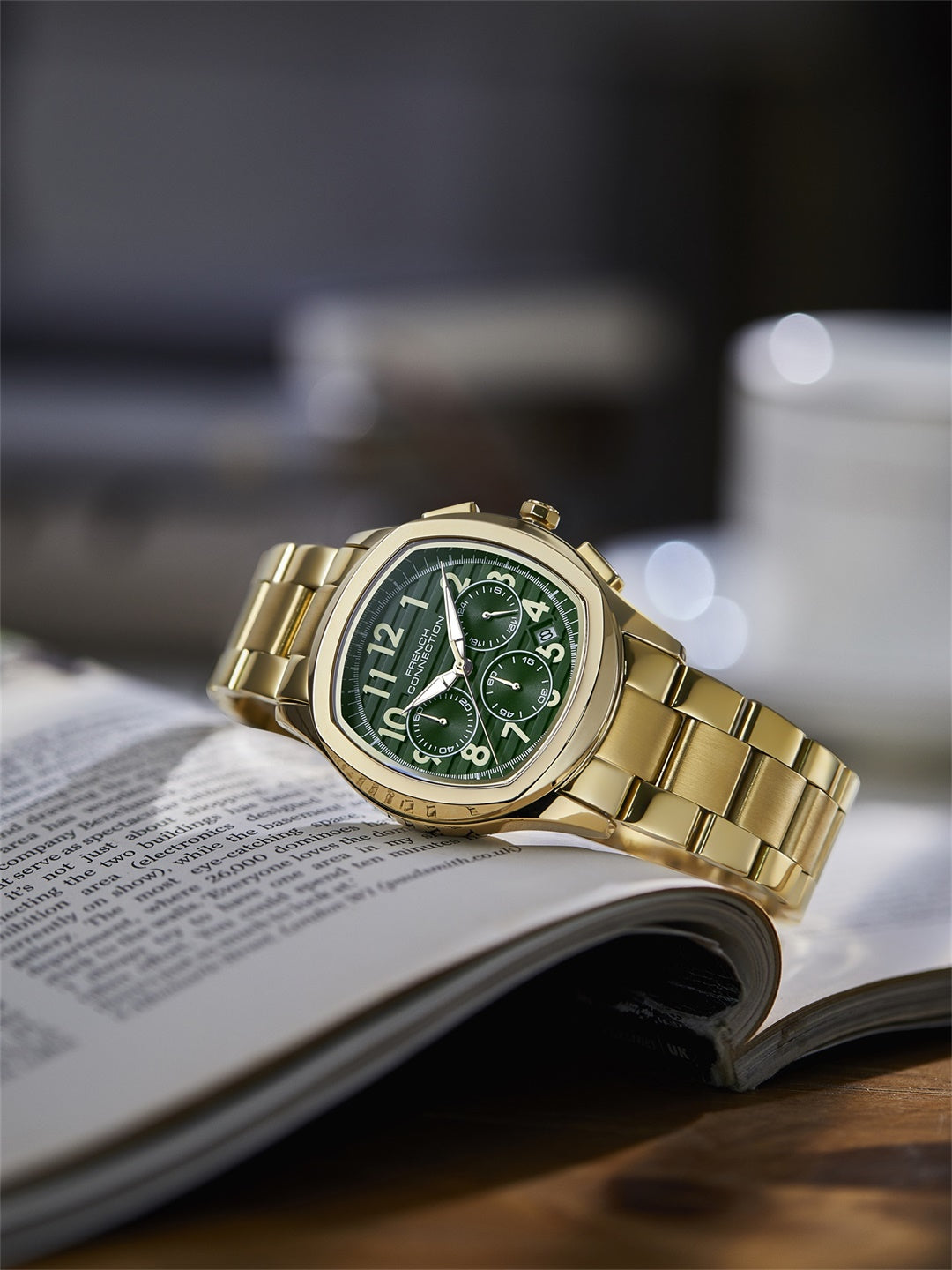 French Connection Megachron | Olive Green Dial | Gold Stainless Steel Strap | Watch for Men - FCD5GM