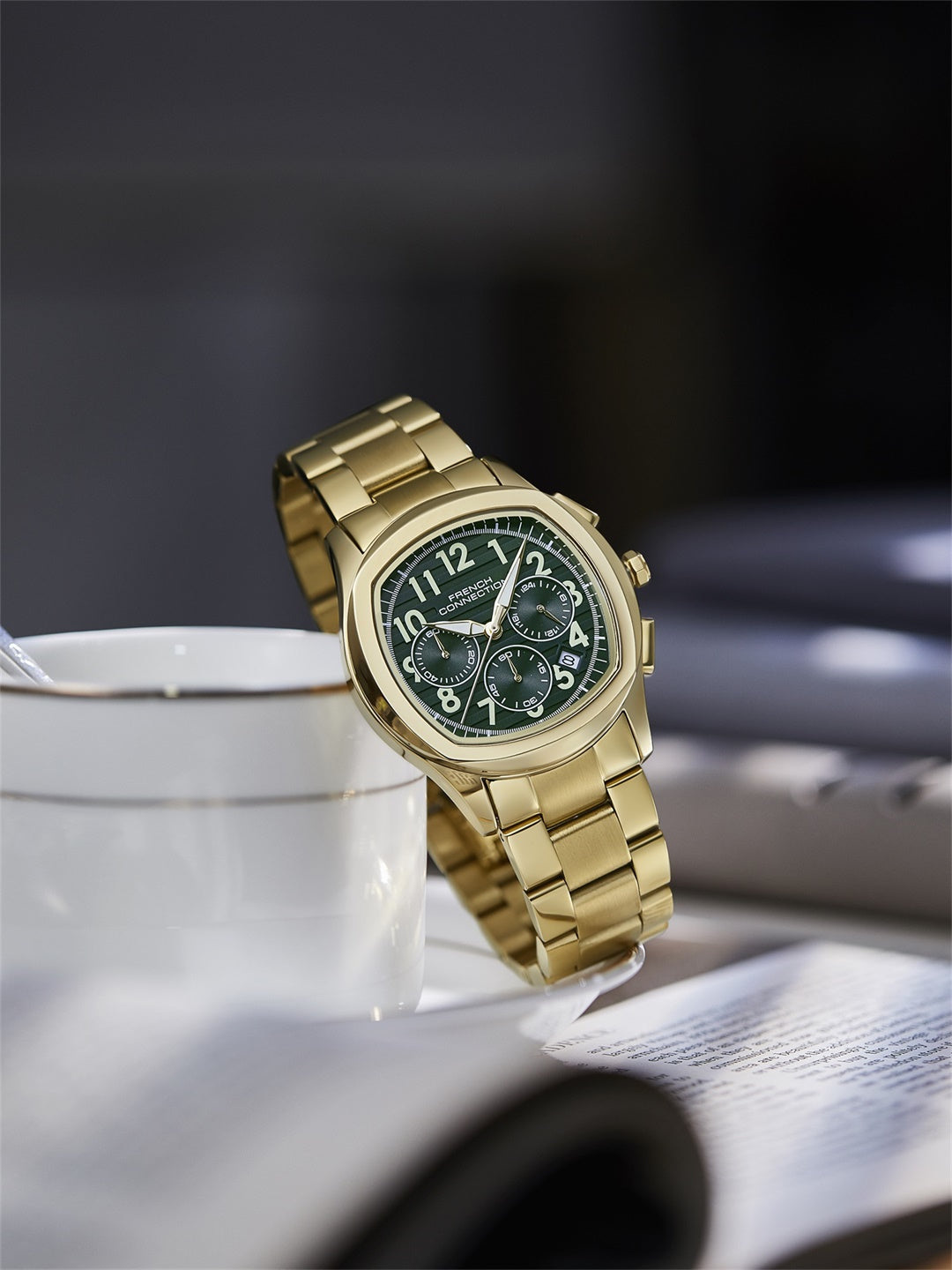 French Connection Megachron | Olive Green Dial | Gold Stainless Steel Strap | Watch for Men - FCD5GM