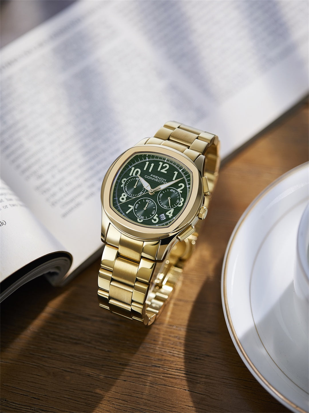 French Connection Megachron | Olive Green Dial | Gold Stainless Steel Strap | Watch for Men - FCD5GM