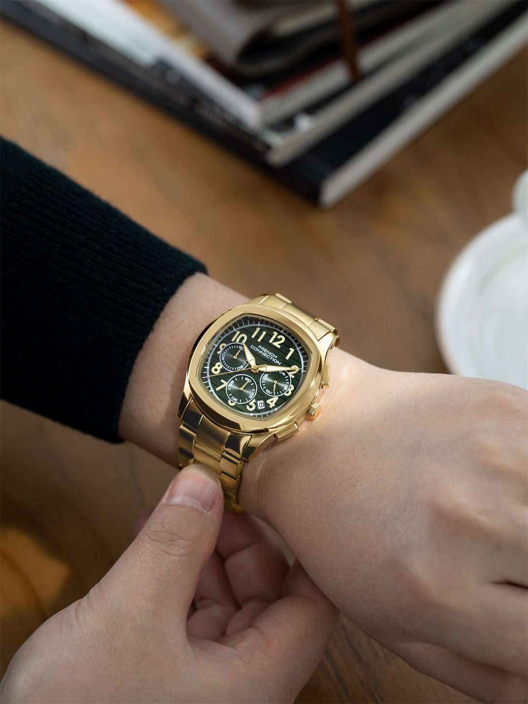 French Connection Megachron | Olive Green Dial | Gold Stainless Steel Strap | Watch for Men - FCD5GM