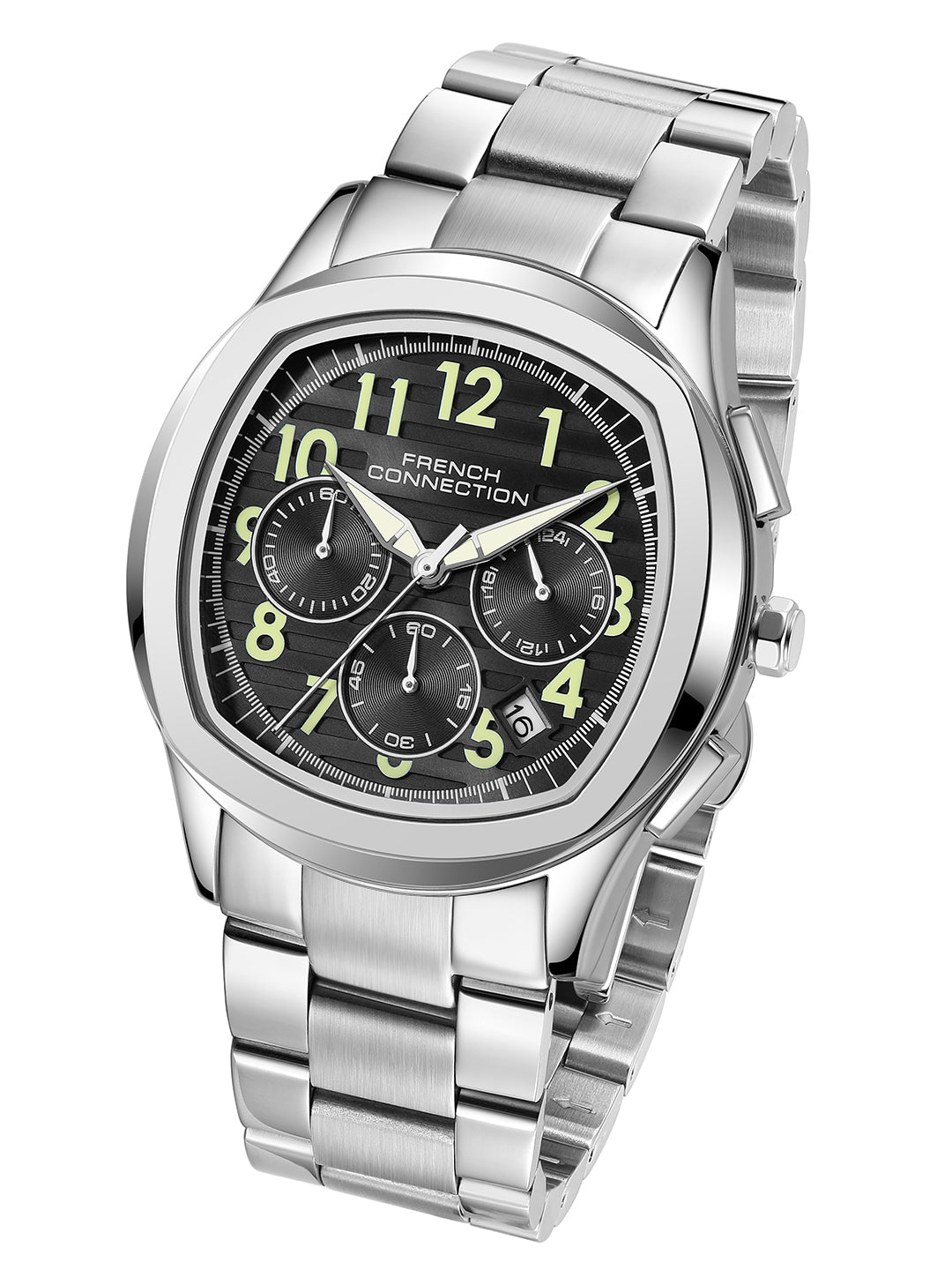 French Connection Megachron | Chronograph Black Dial | Silver Stainless Steel Strap | Watch for Men - FCD5SM