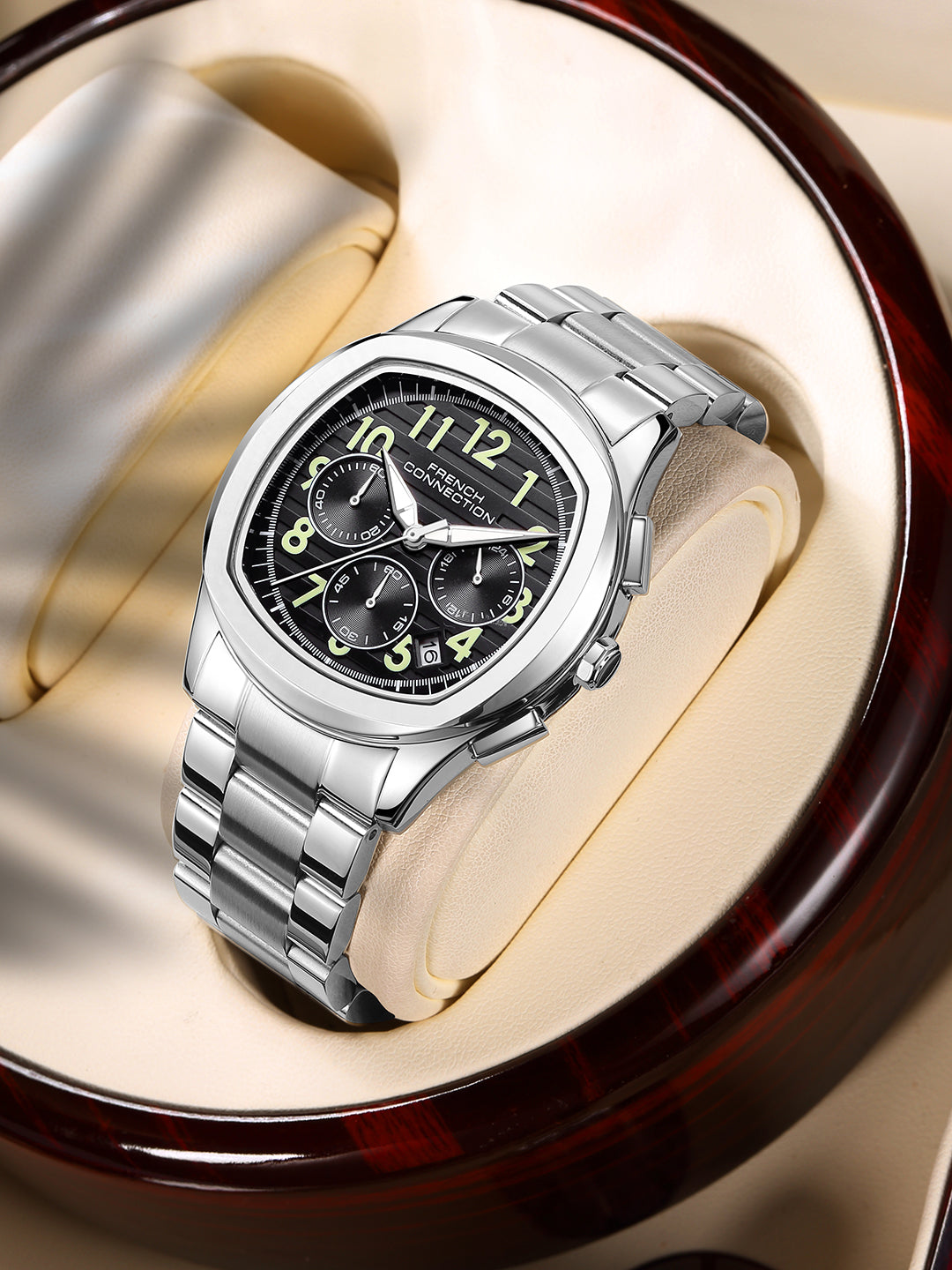 French Connection Megachron | Chronograph Black Dial | Silver Stainless Steel Strap | Watch for Men - FCD5SM