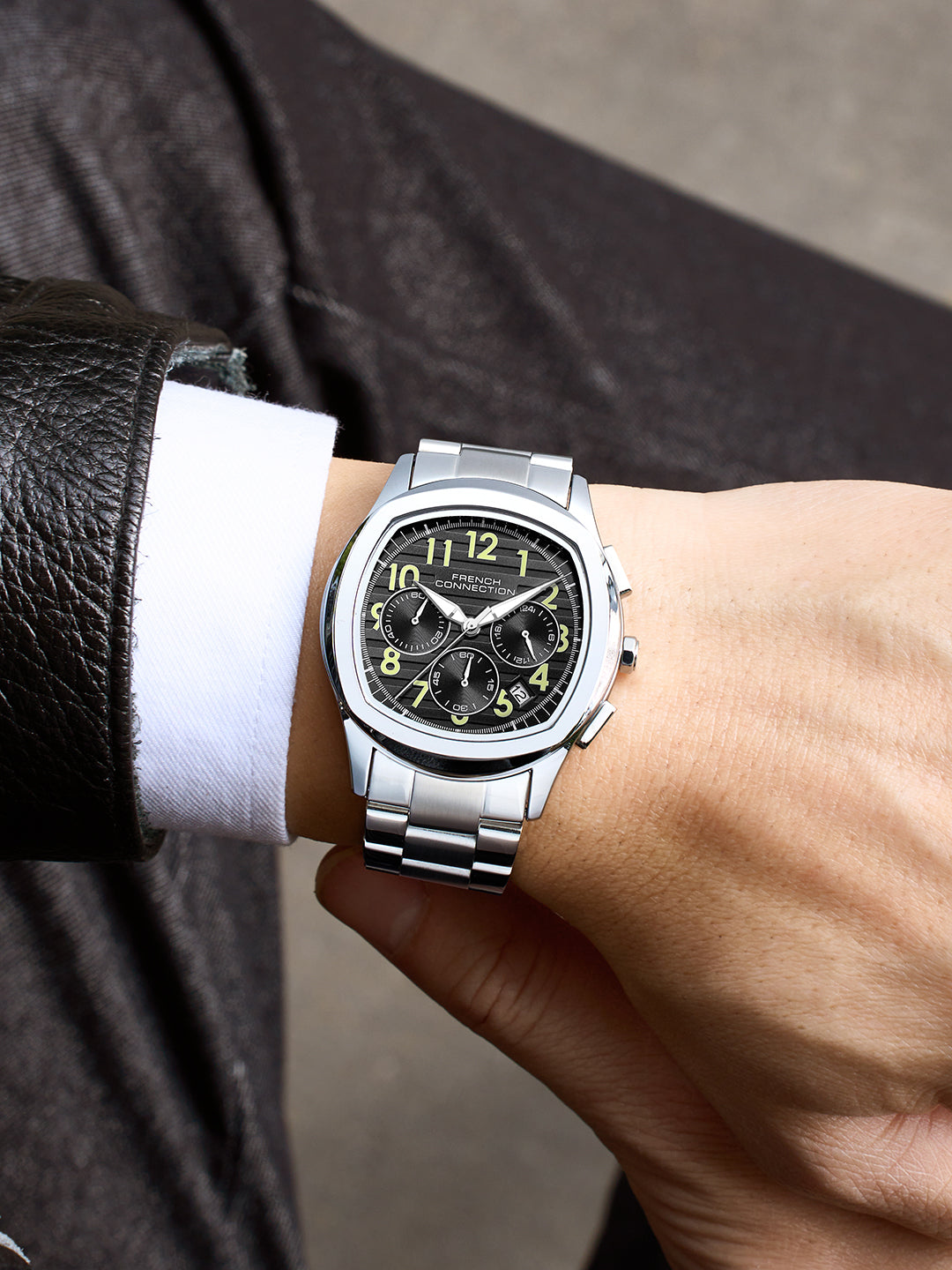 French Connection Megachron | Chronograph Black Dial | Silver Stainless Steel Strap | Watch for Men - FCD5SM