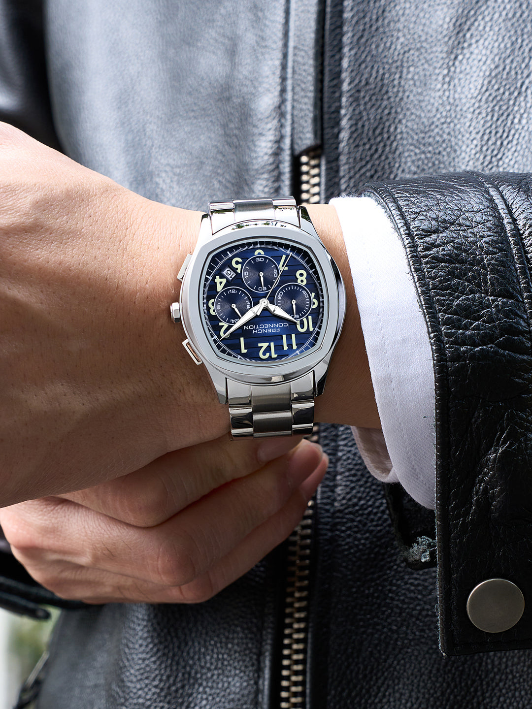 French Connection Megachron | Chronograph Blue Dial | Silver Stainless Steel Strap | Watch for Men - FCD5USM